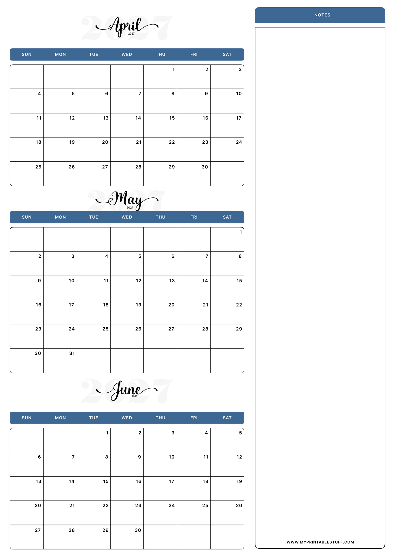 Classic Blue Design April May June 2027 Calendar Portrait