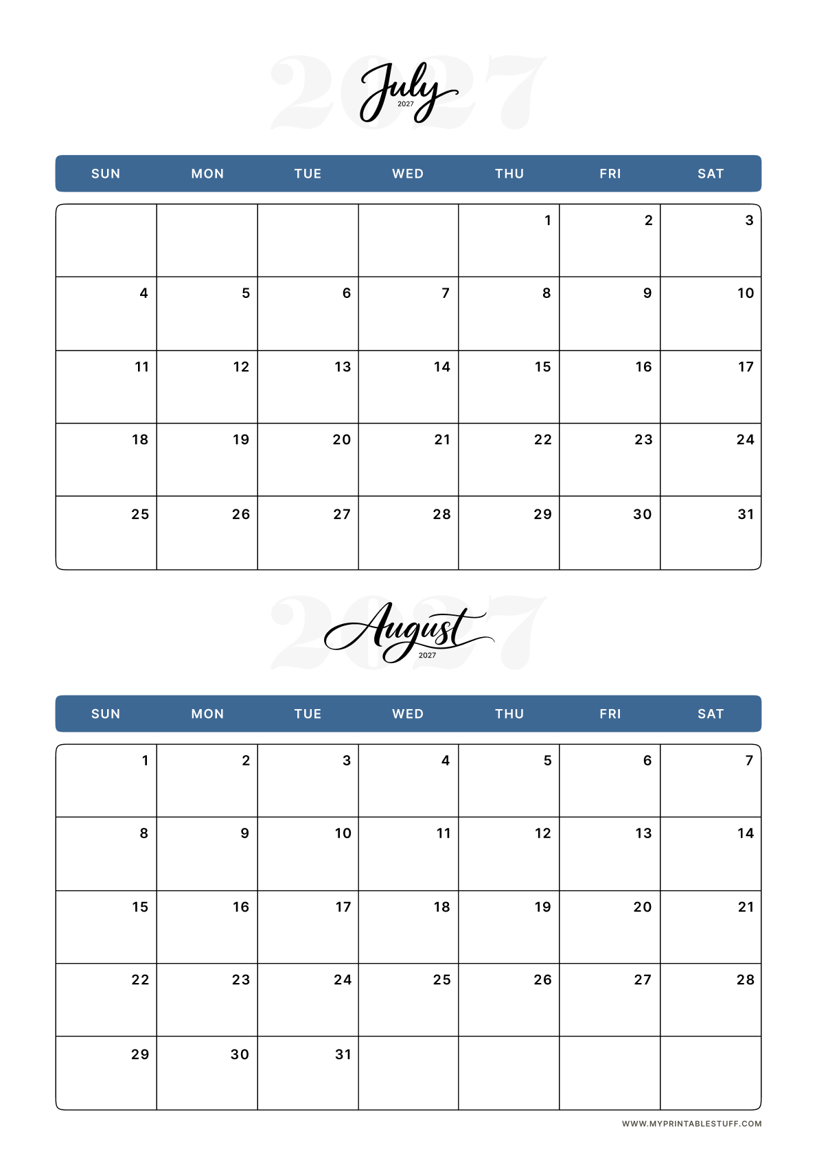 Classic Blue Design July August 2027 Calendar Portrait