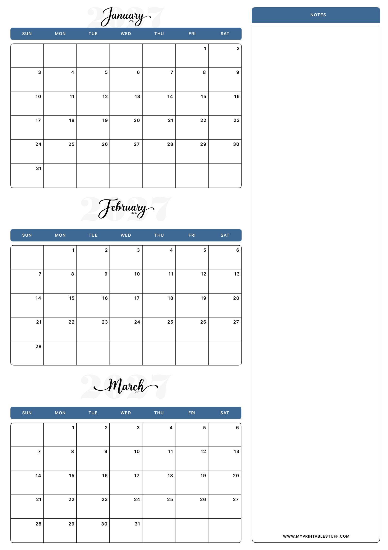 Classic Blue Design January February March 2027 Calendar Portrait