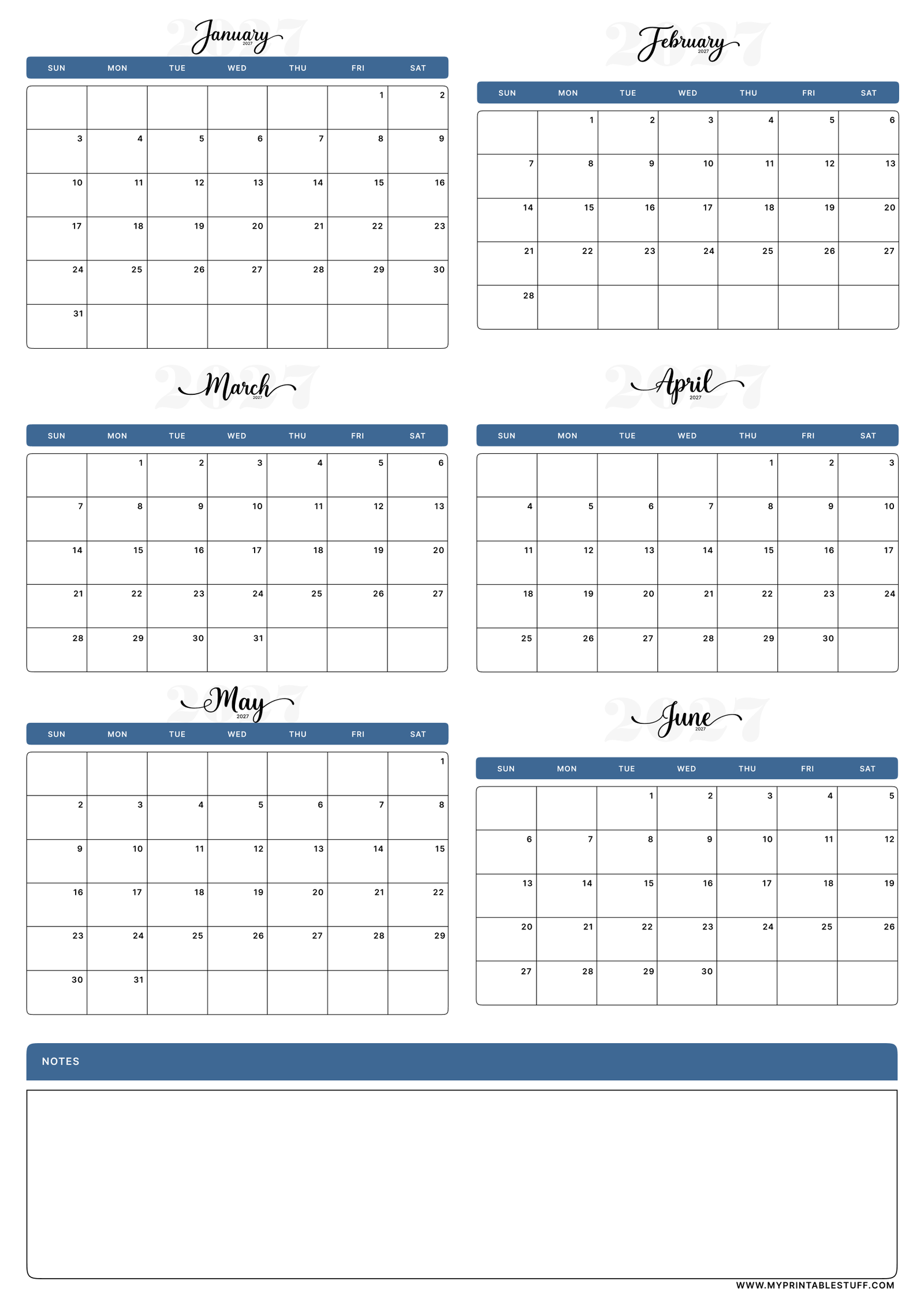 Classic Blue Design January February March April May June 2027 Calendar Portrait