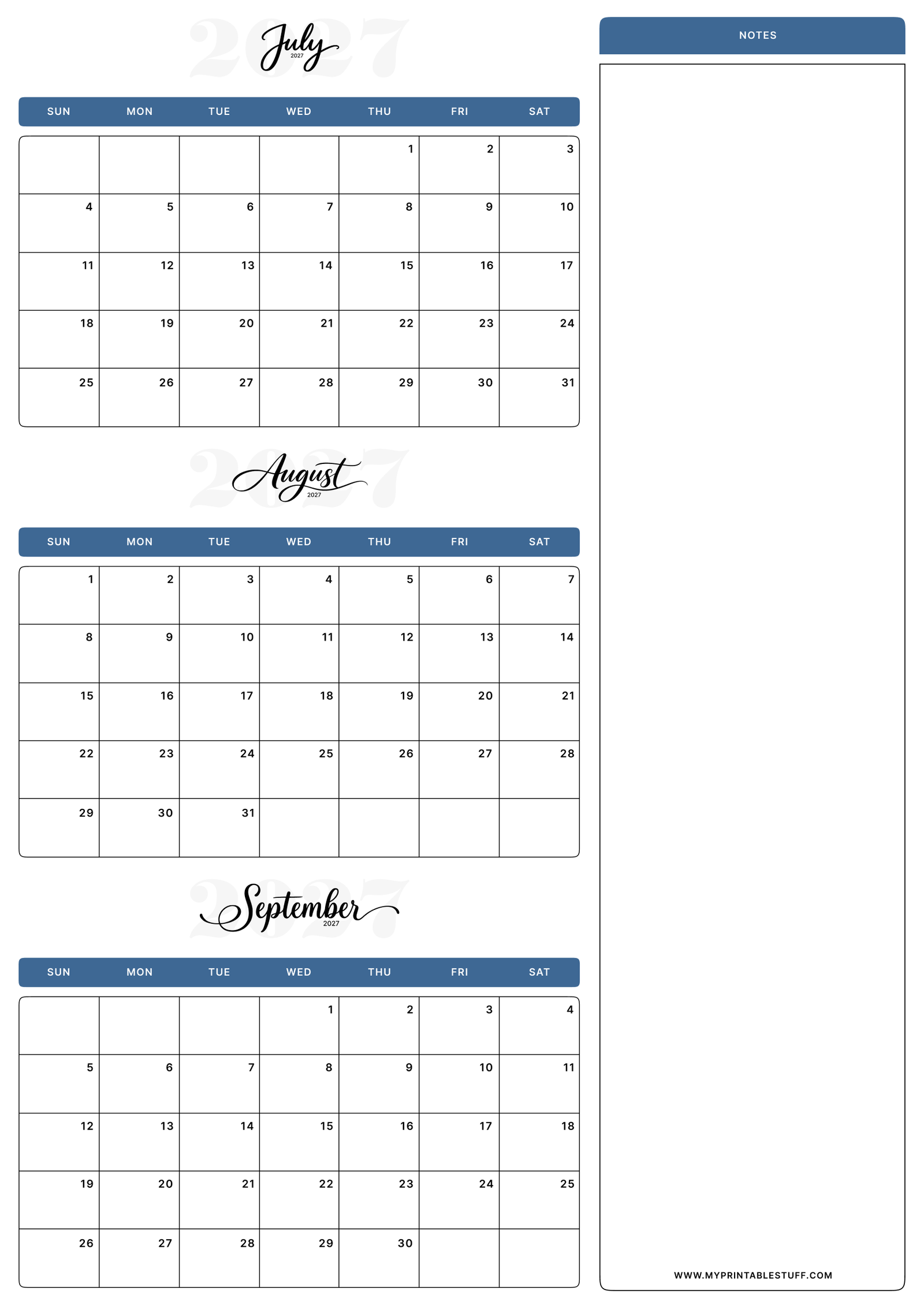 Classic Blue Design July August September 2027 Calendar Portrait