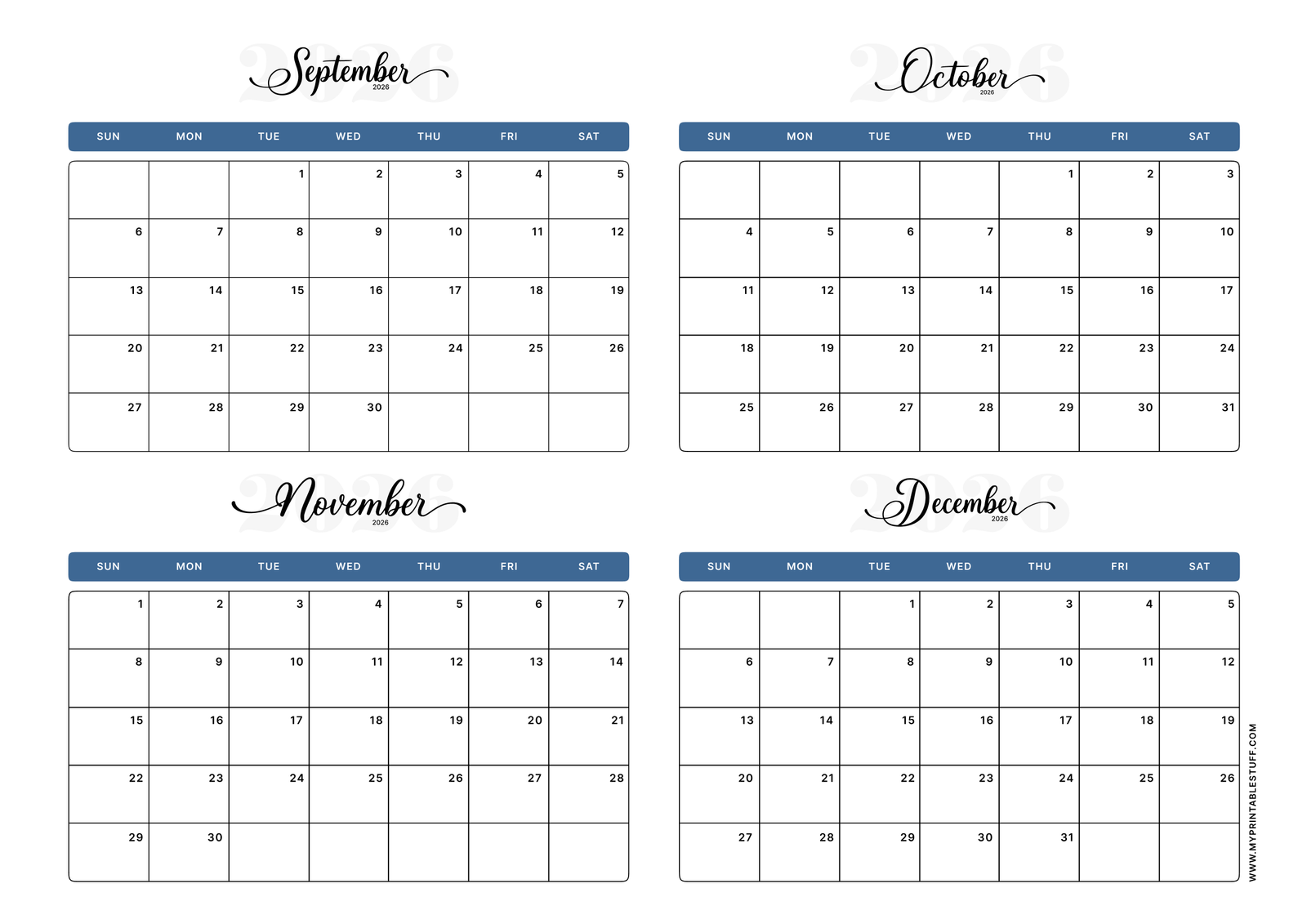 Classic Blue Design October September to December 2026 Calendar Portrait