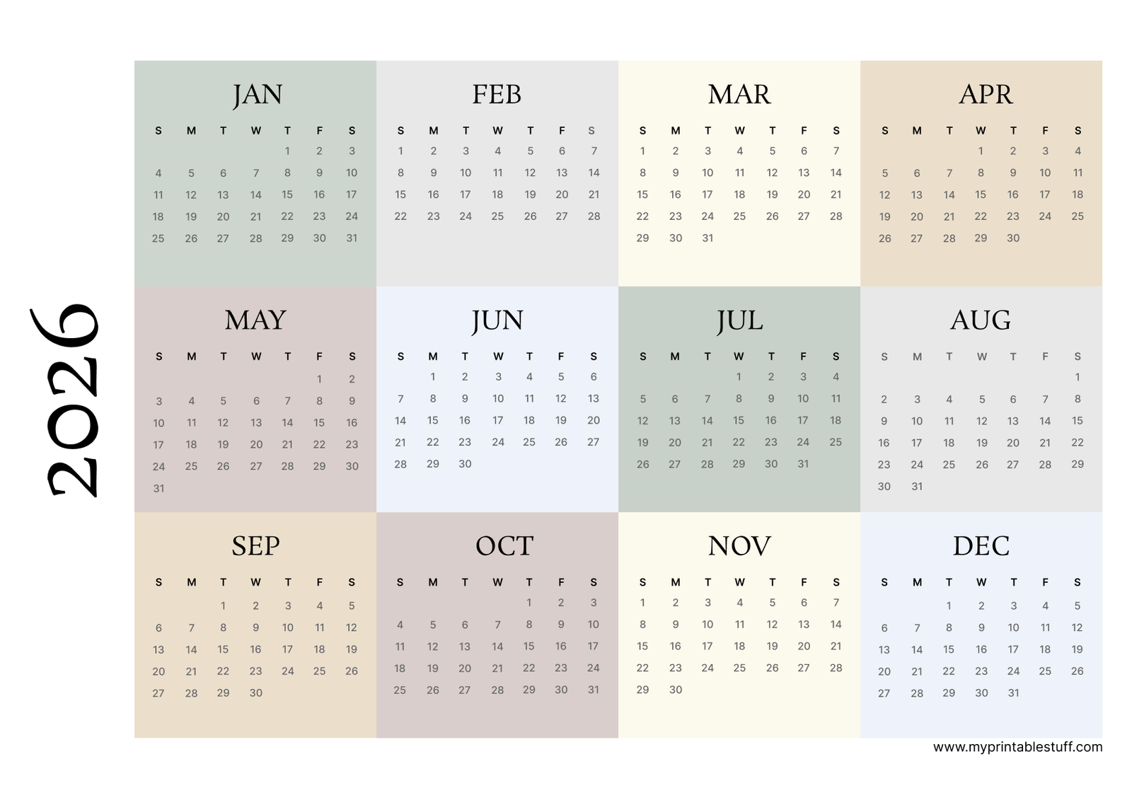 Earthy Modern Grid 2026 Calendar Landscape