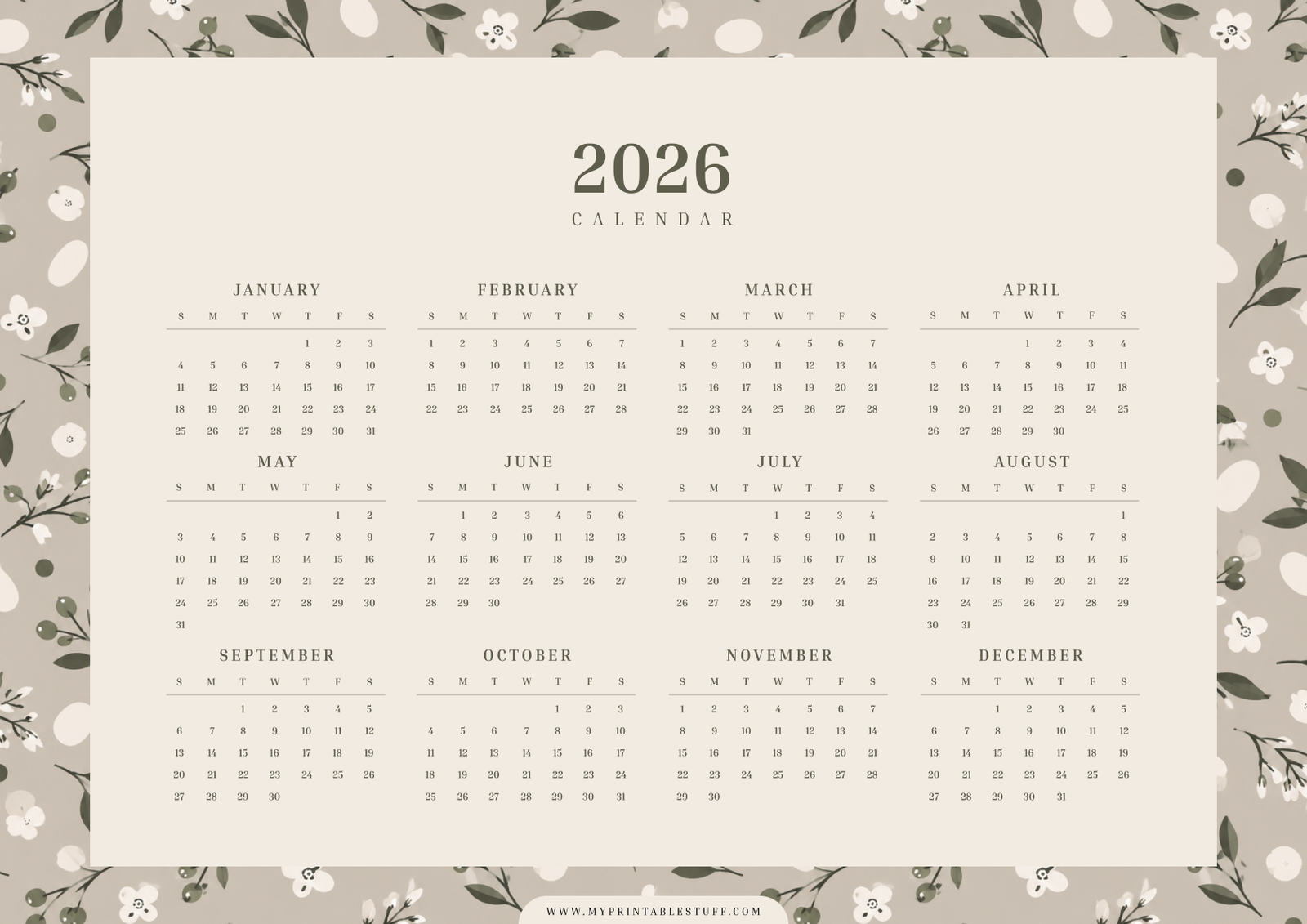 Floral Border 2026 Calendar Landscape