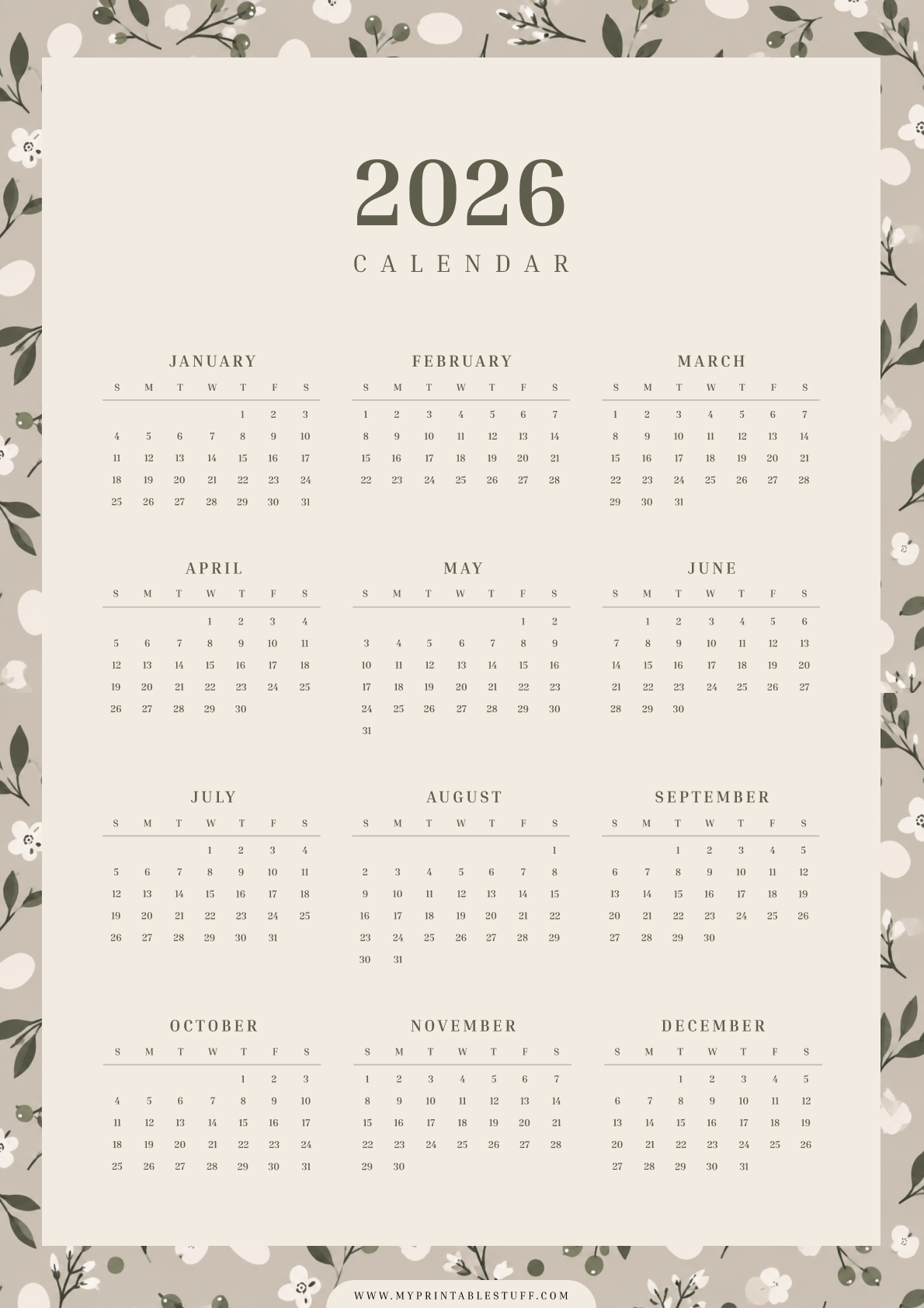 Floral Border 2026 Calendar Portrait
