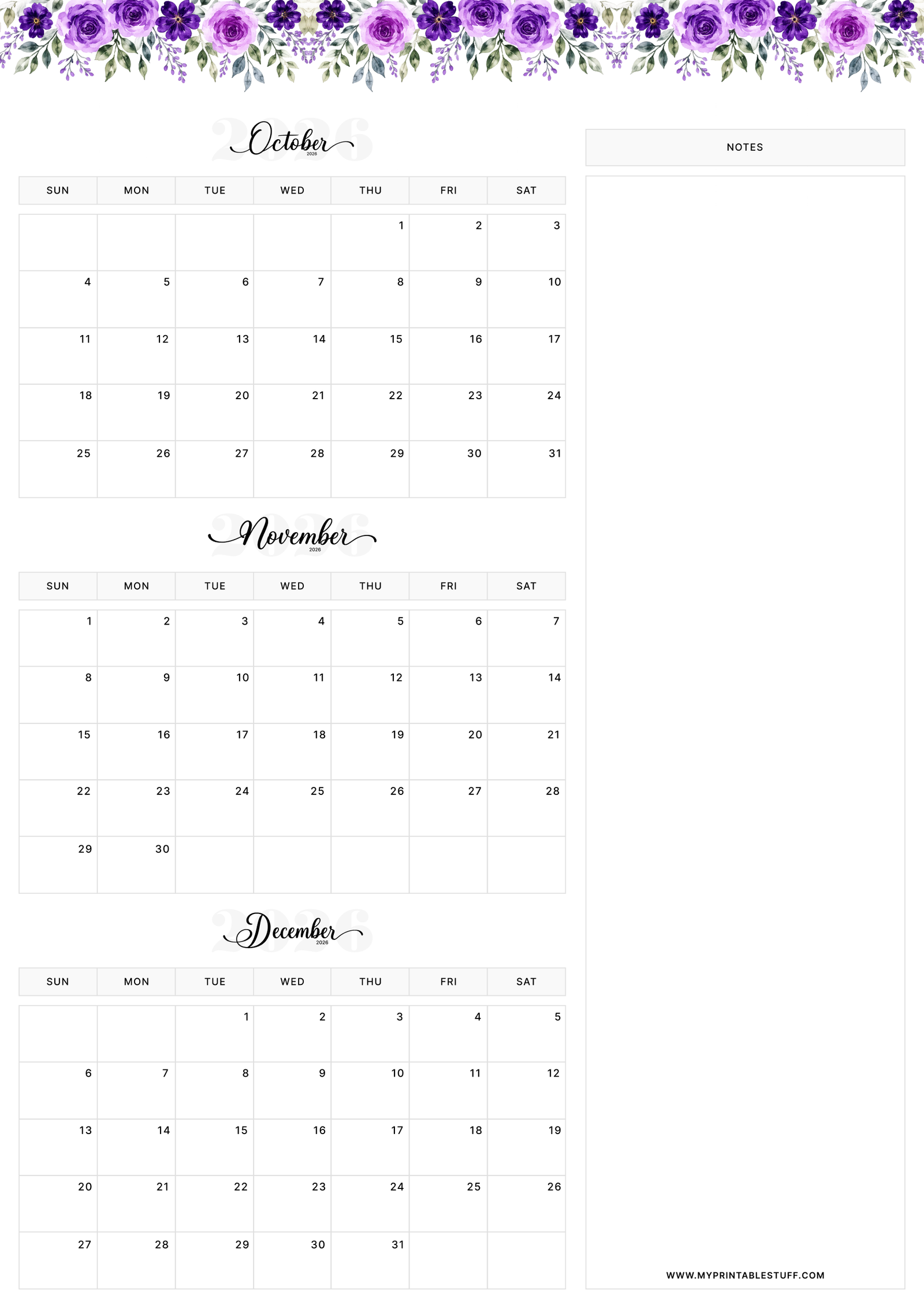 Floral Elegance Design October November December 2026 Calendar Portrait
