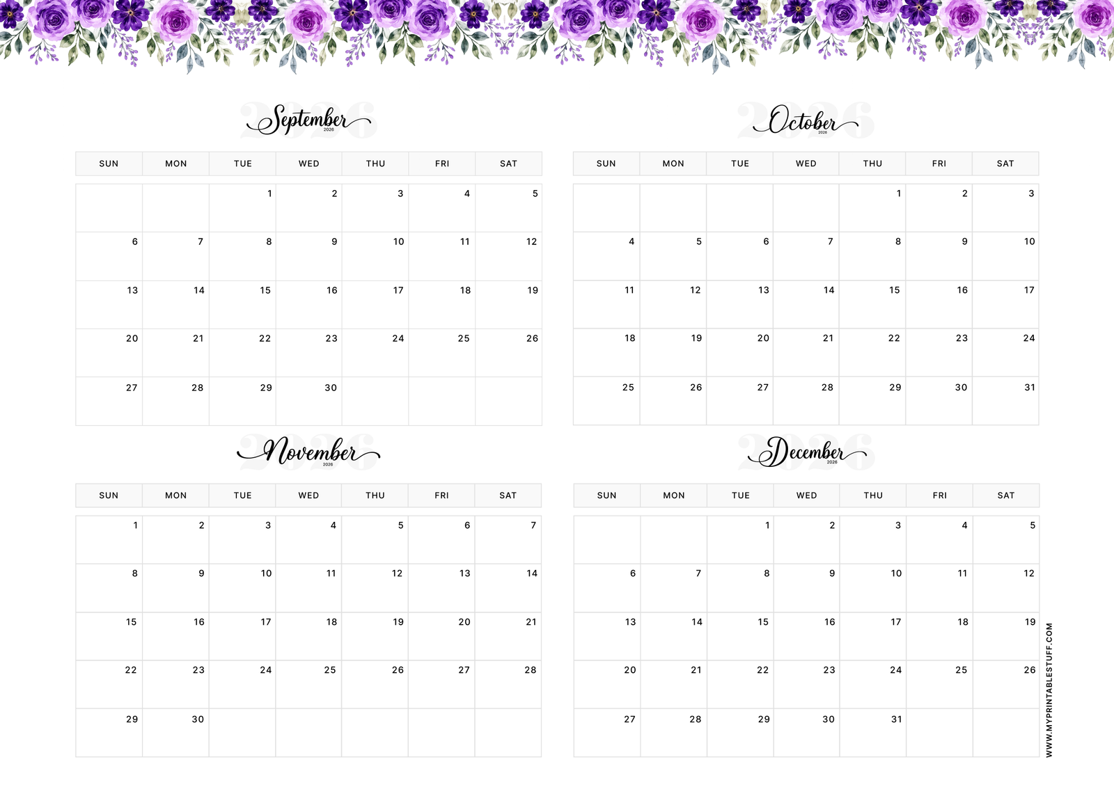 Floral Elegance Design September to December 2026 Calendar Portrait
