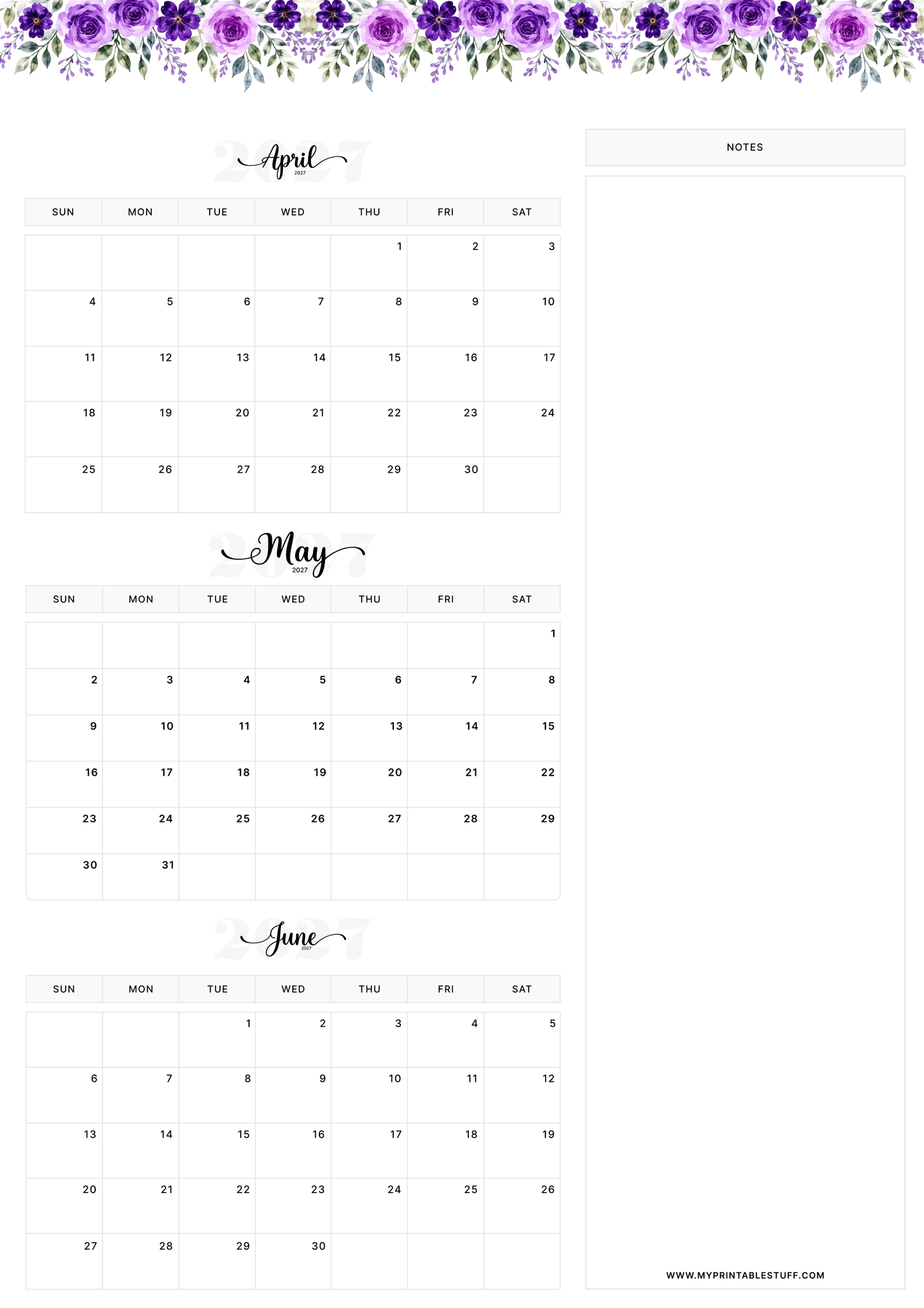 Floral Elegance Design April May June 2027 Calendar Portrait