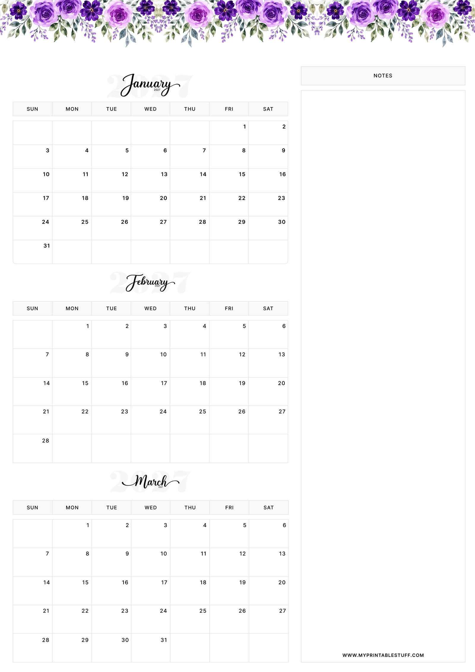 Floral Elegance Design January February March 2027 Calendar Portrait