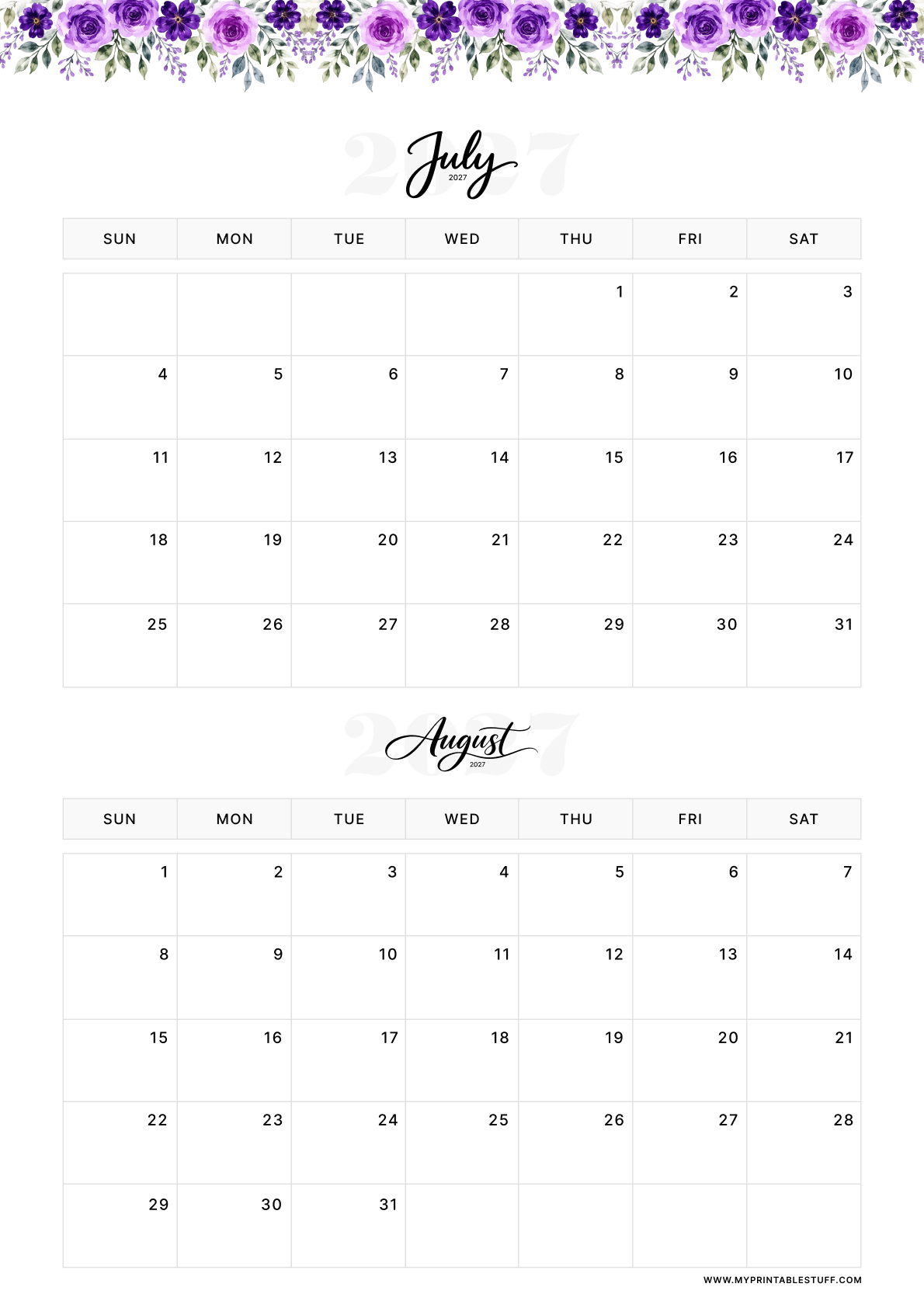 Floral Elegance Design July August 2027 Calendar Portrait