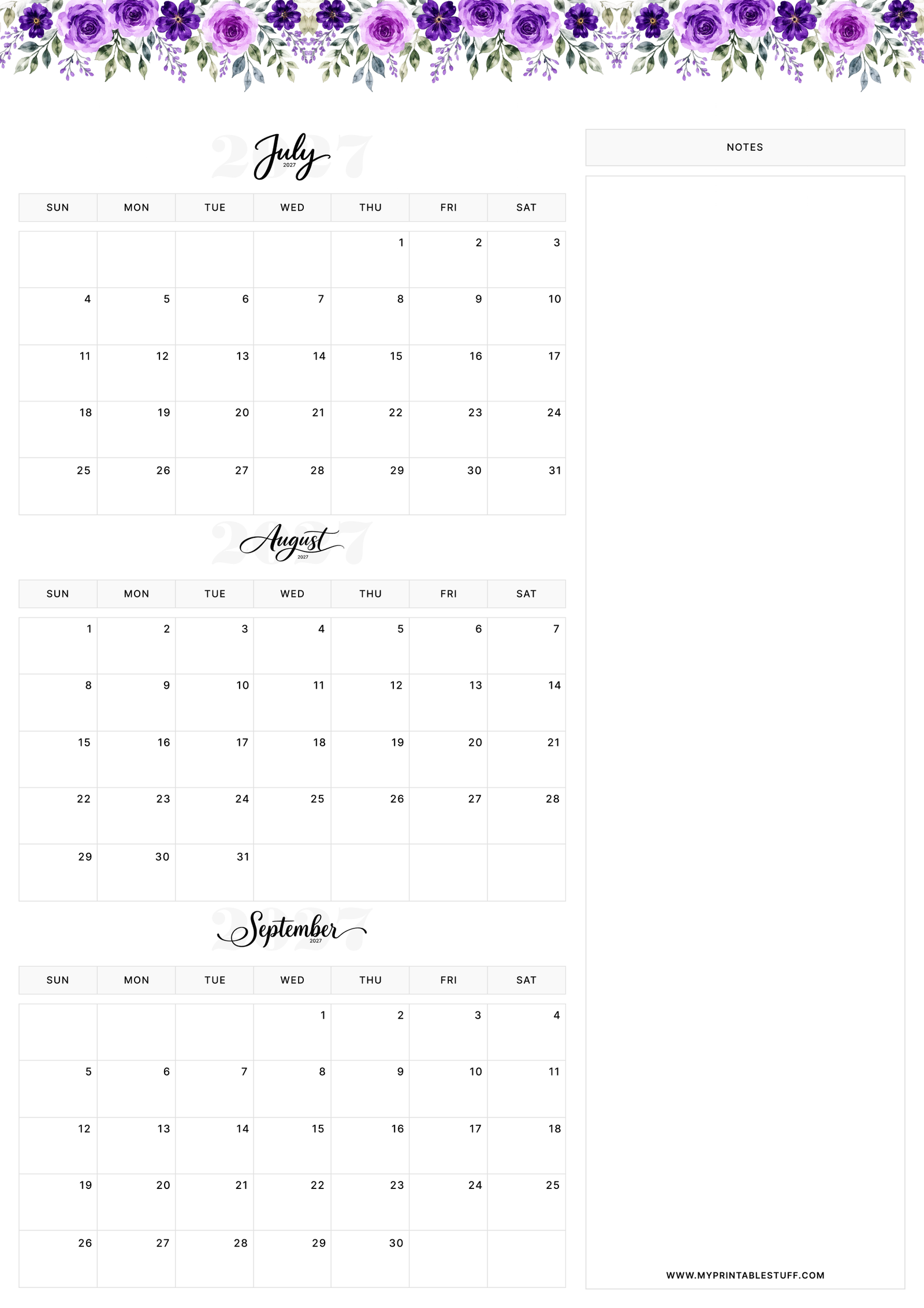 Floral Elegance Design July August September 2027 Calendar Portrait