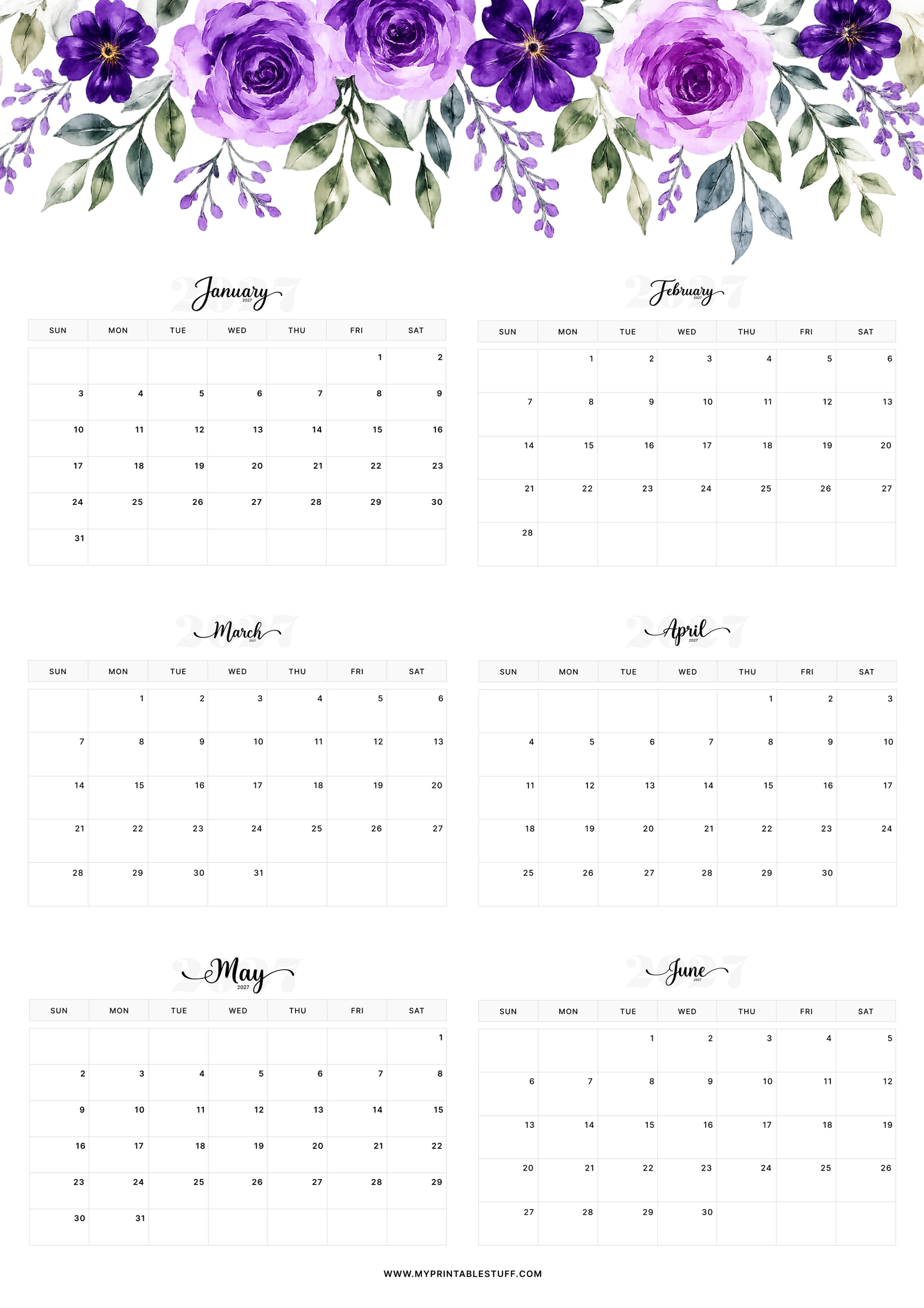 Floral Elegance Design January February March April May June 2027 Calendar Portrait
