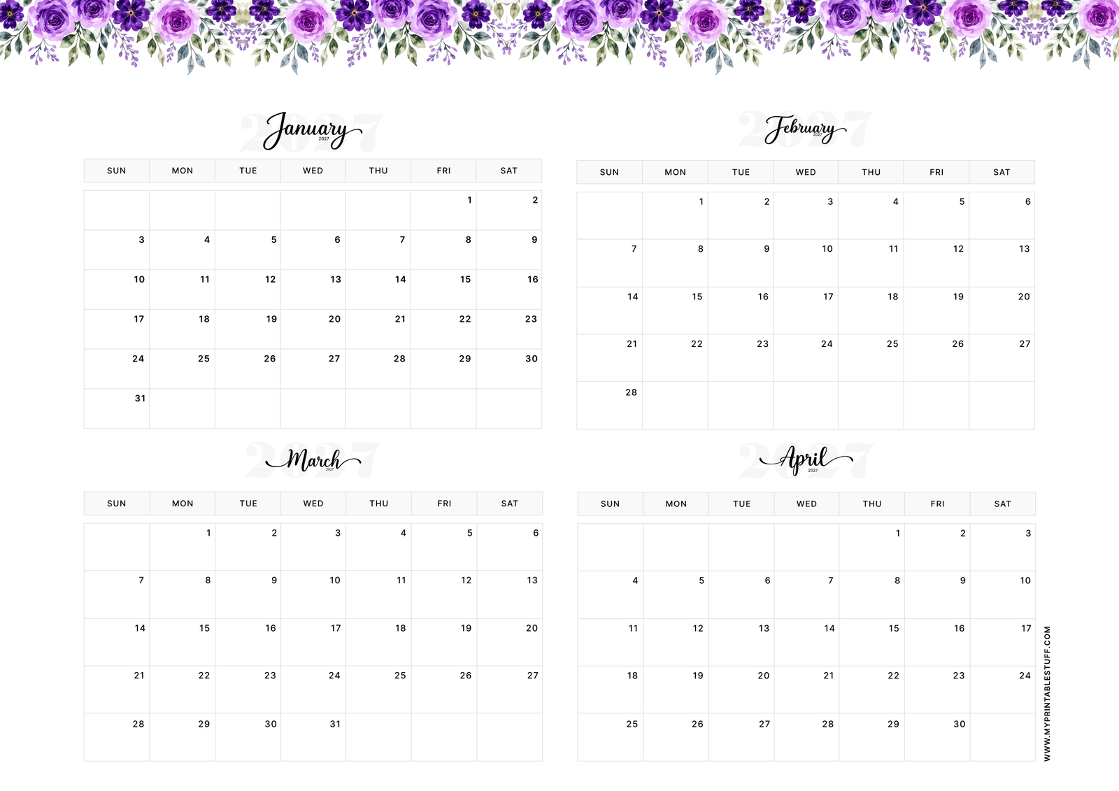 Floral Elegance Design January February March April 2027 Calendar Landscape