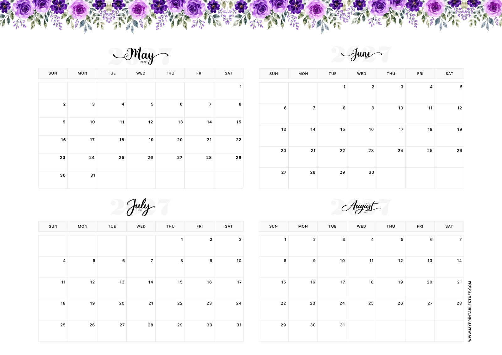 Floral Elegance Design May June July August 2027 Calendar Landscape