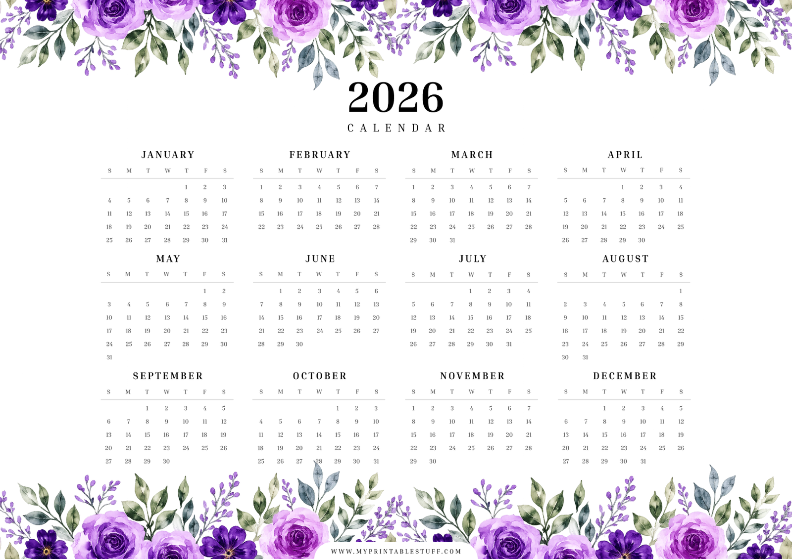Lavender Bloom 2026 Calendar Landscape