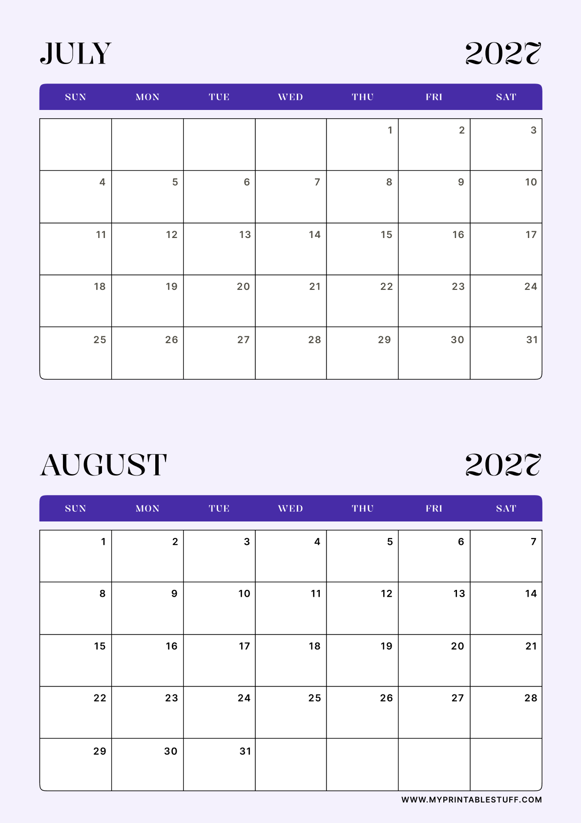 Lavender Minimal Design July August 2027 Calendar Portrait