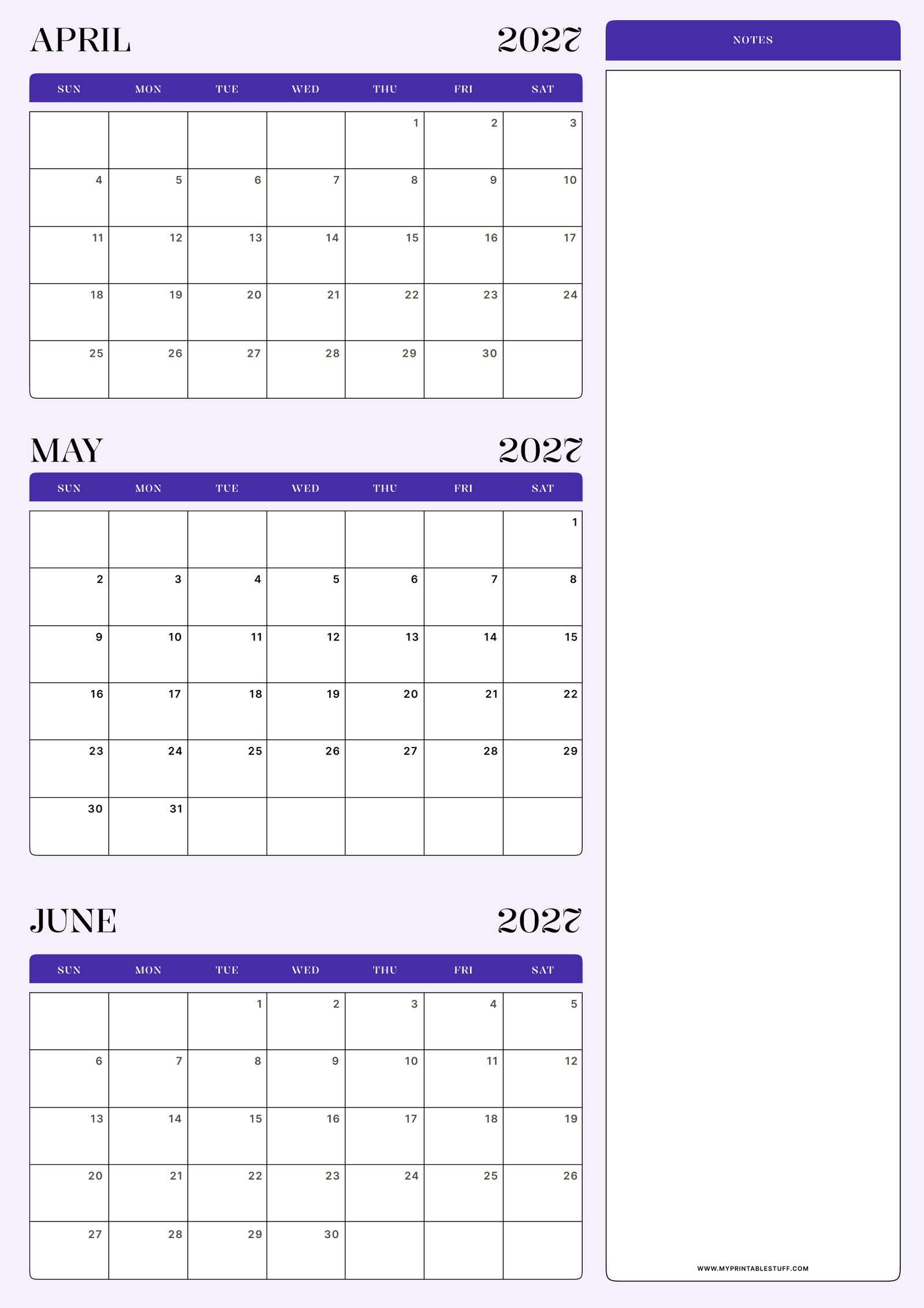 Lavender Minimal Design April May June 2027 Calendar Portrait