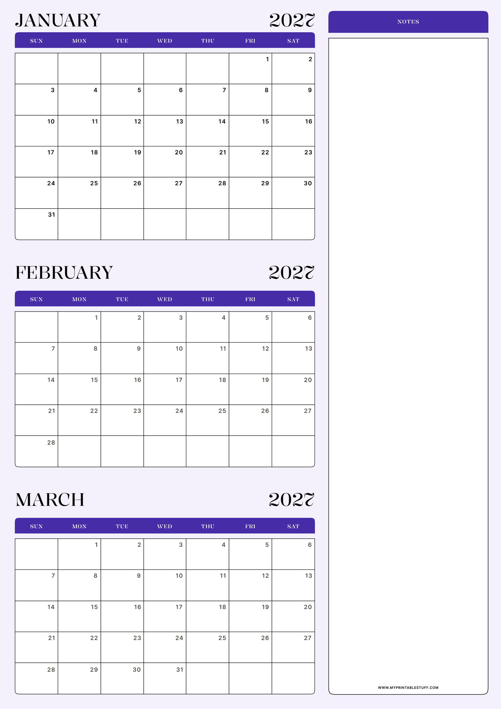 Lavender Minimal Design January February March 2027 Calendar Portrait