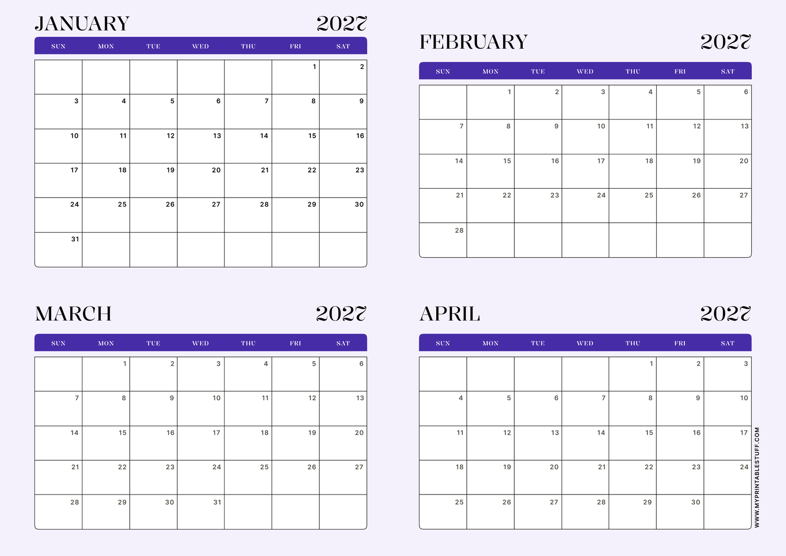 Lavender Minimal Design January February March April 2027 Calendar Portrait