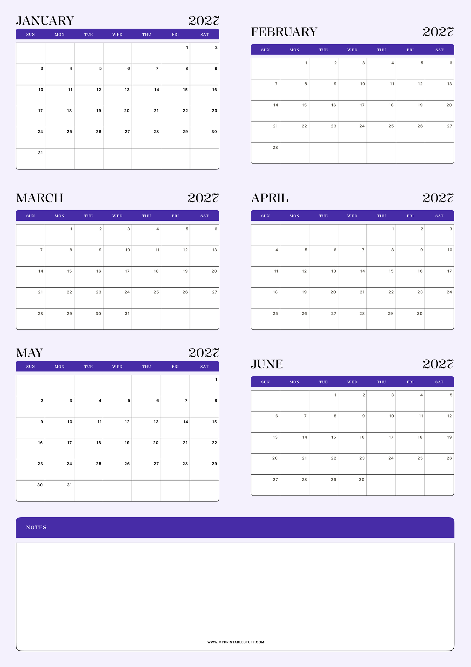 Lavender Minimal Design January February March April May June 2027 Calendar Portrait