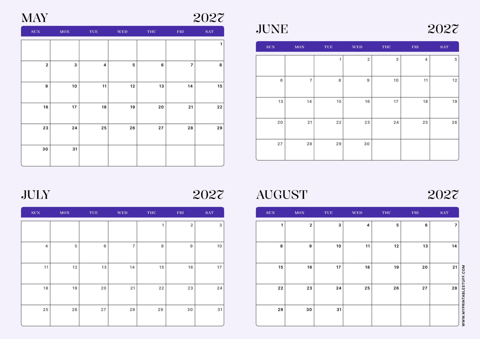 Lavender Minimal Design May June July August 2027 Calendar Landscape