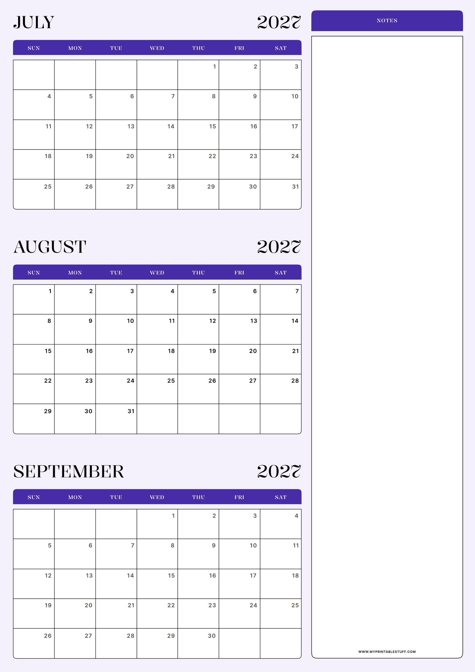 Lavender Minimal Design July August September 2027 Calendar Portrait