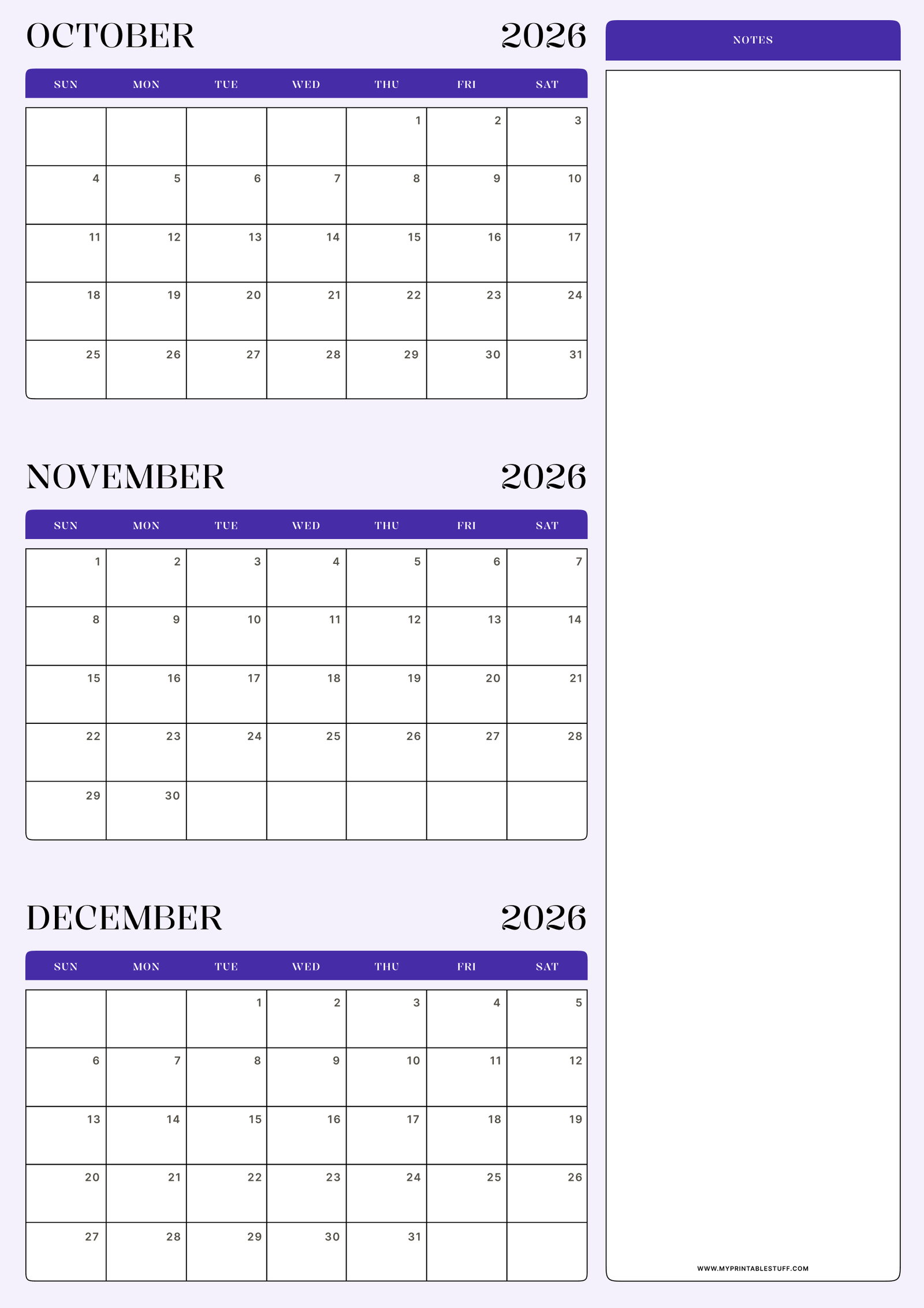 Lavender Minimal Design October November December 2026 Calendar Portrait