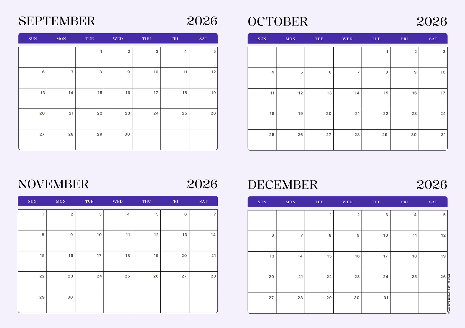 Lavender Minimal Design September to December  2026 Calendar Portrait