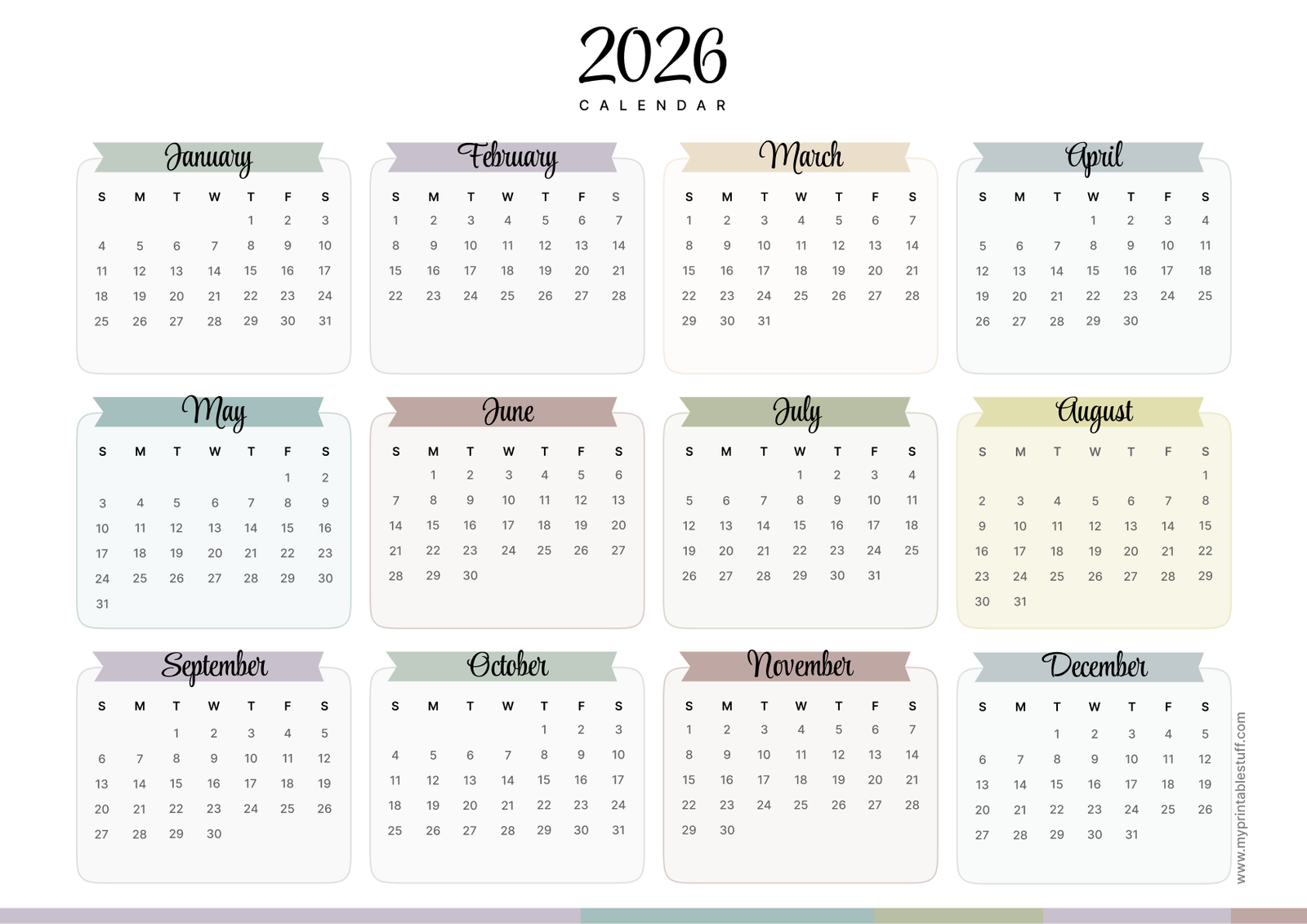 Earthy Modern Grid 2026 Calendar Landscape