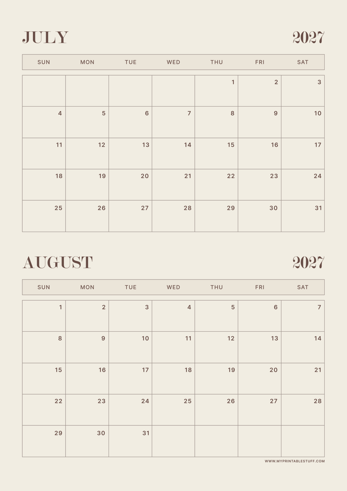 Neutral Aesthetic Design July August 2027 Calendar Portrait
