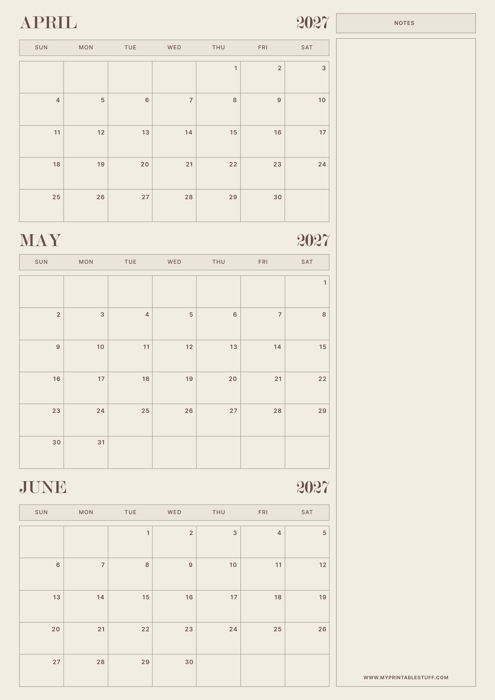 Neutral Aesthetic Design April May June 2027 Calendar Portrait