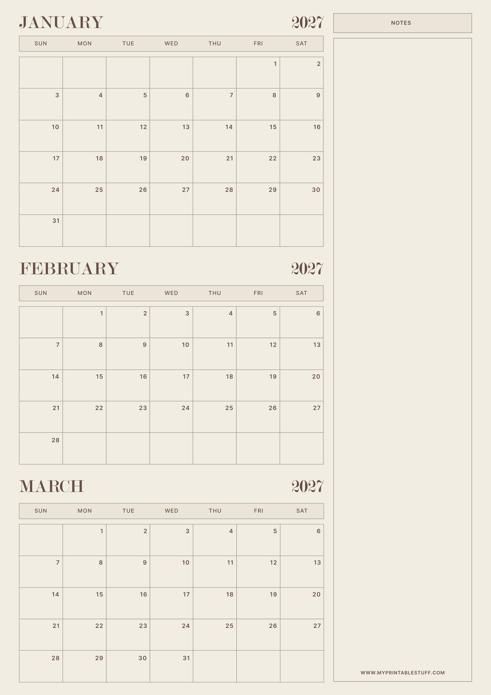 Neutral Aesthetic Design January February March 2027 Calendar Portrait