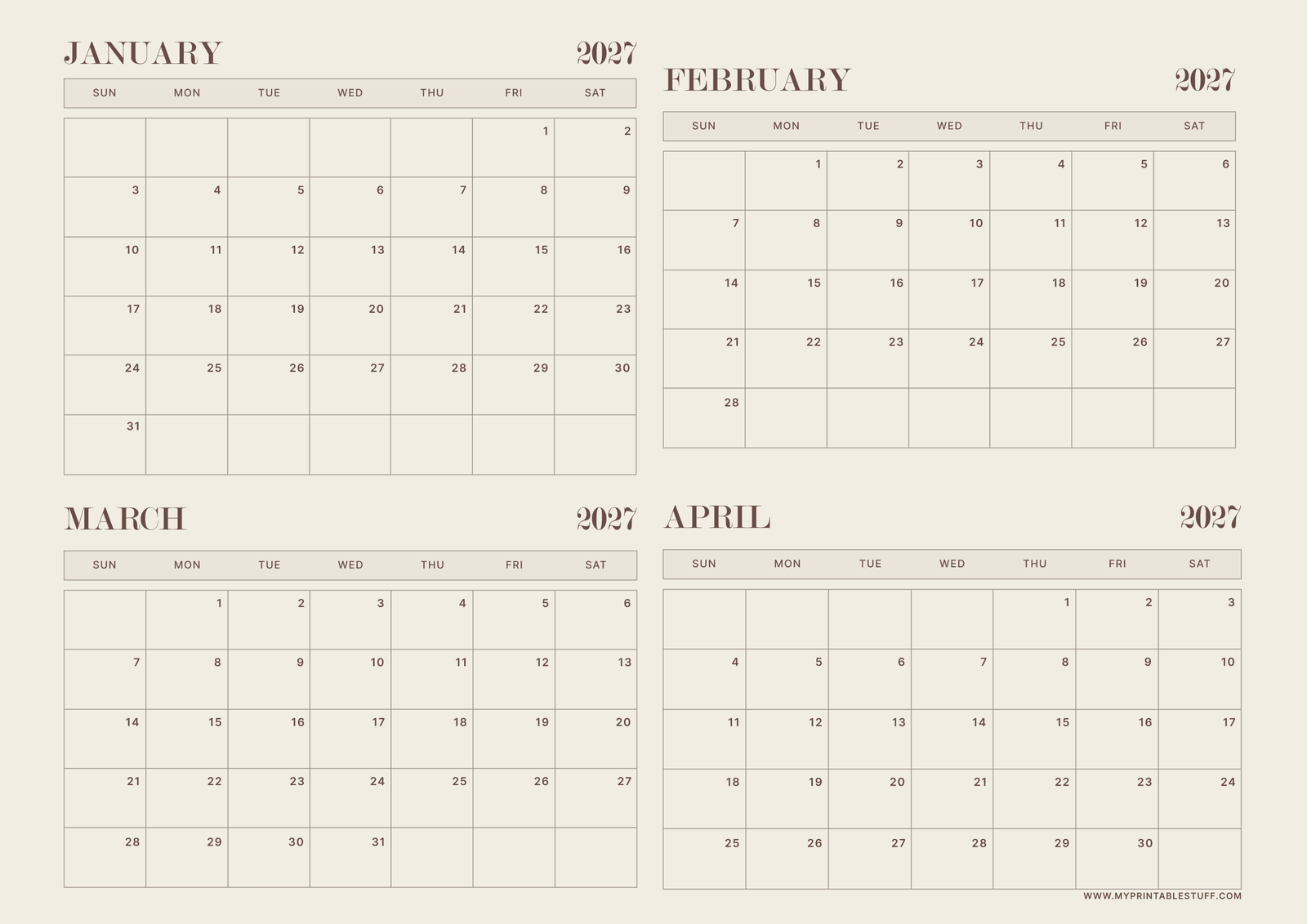 Neutral Aesthetic Design January February March April 2027 Calendar Landscape