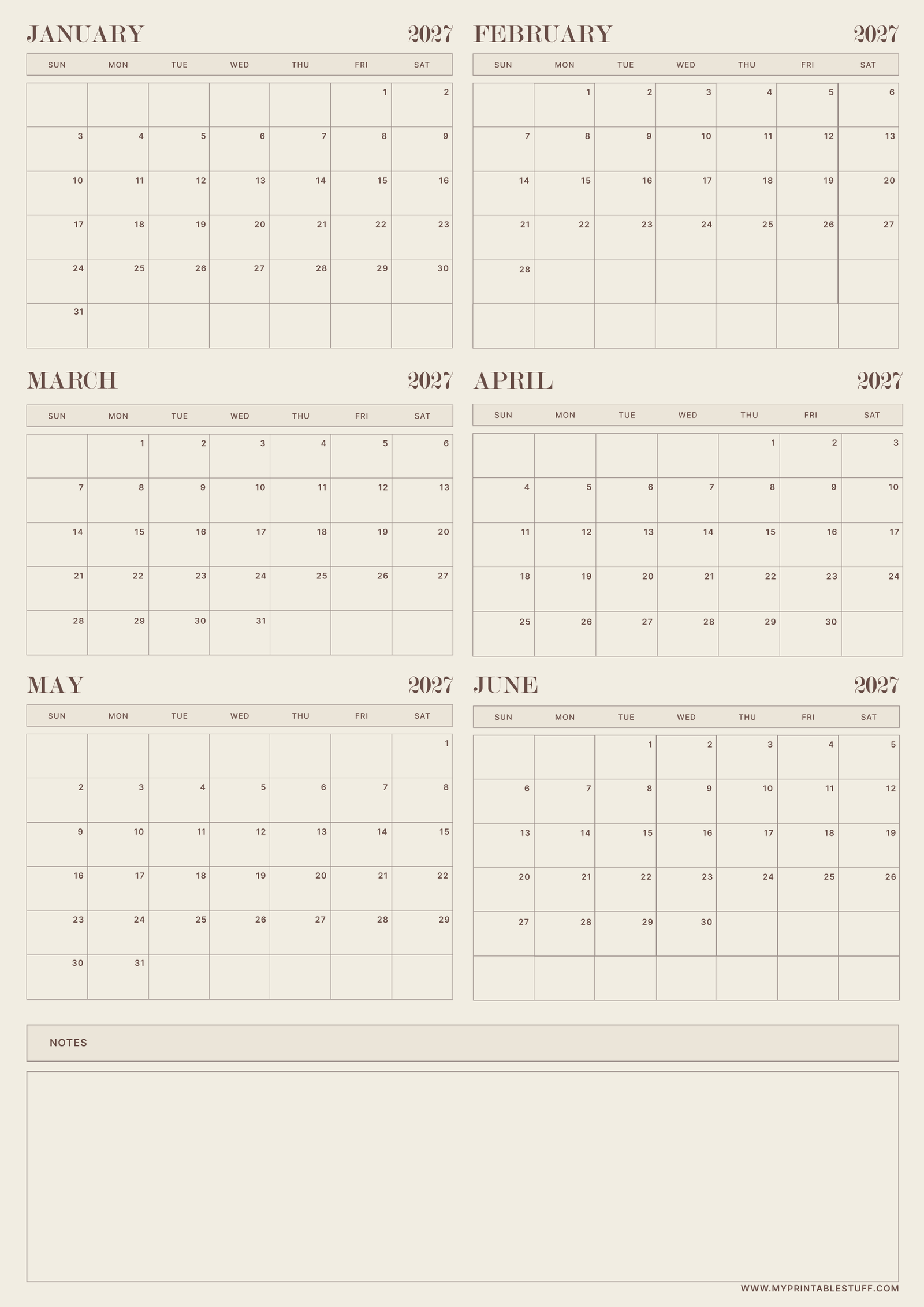 Neutral Aesthetic Design January February March April May June 2027 Calendar Portrait