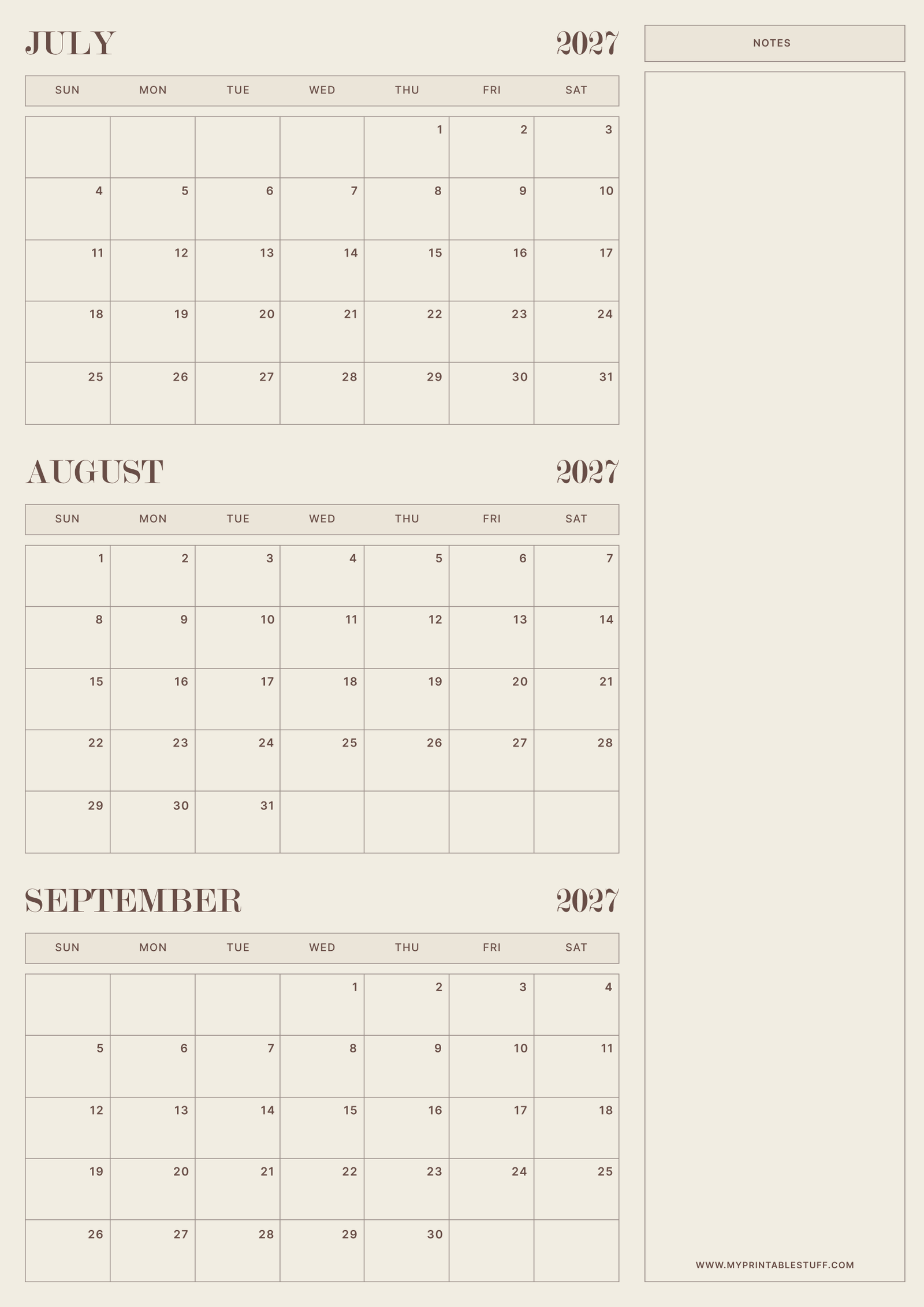 Neutral Aesthetic Design July August September 2027 Calendar Portrait