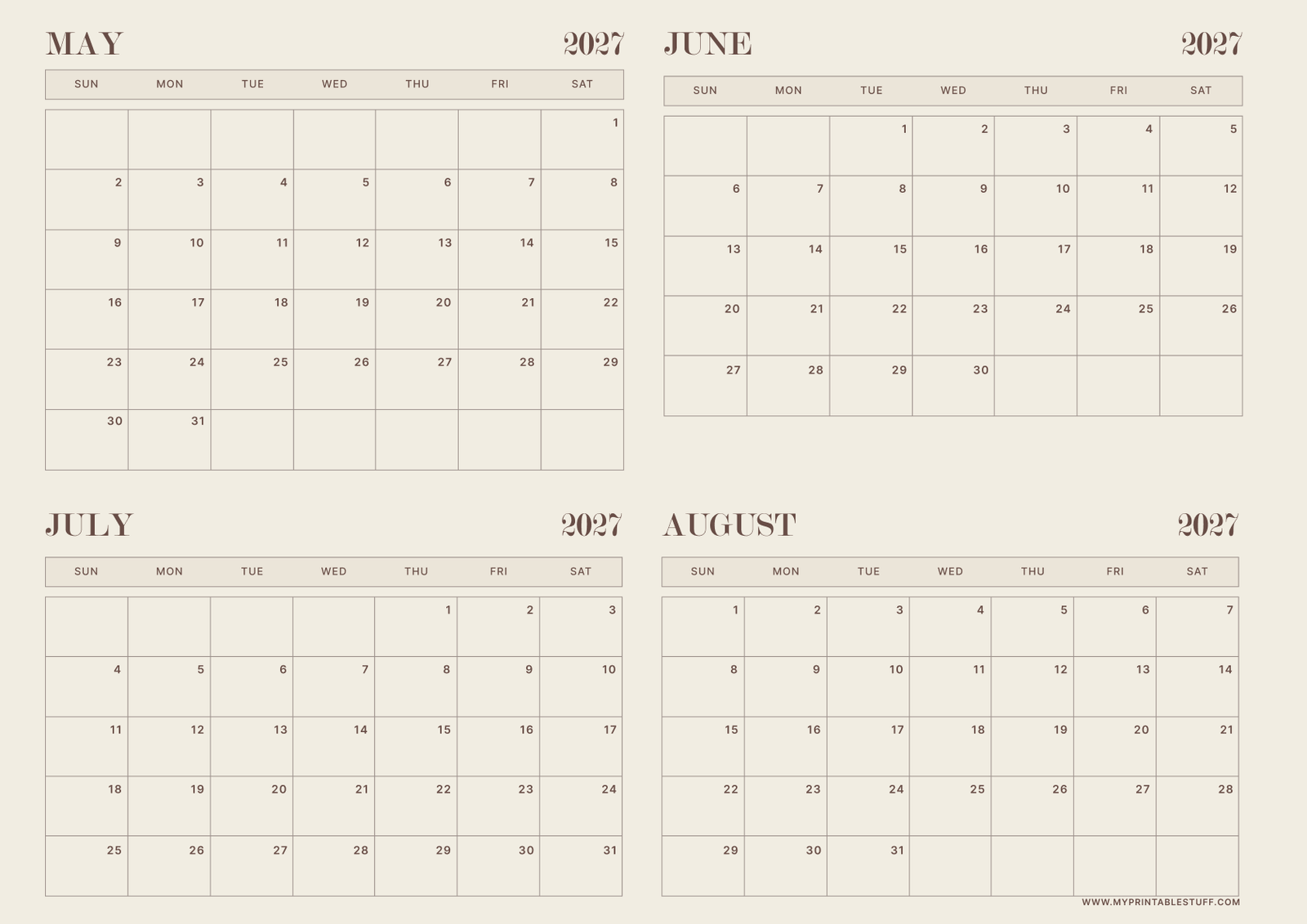 Neutral Aesthetic Design May June July August 2027 Calendar Landscape
