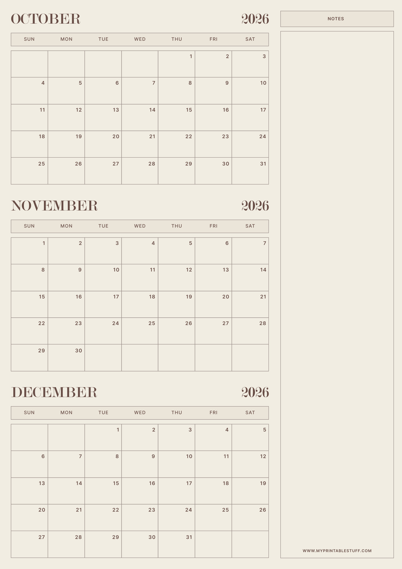 Neutral Aesthetic Design October November December 2026 Calendar Portrait