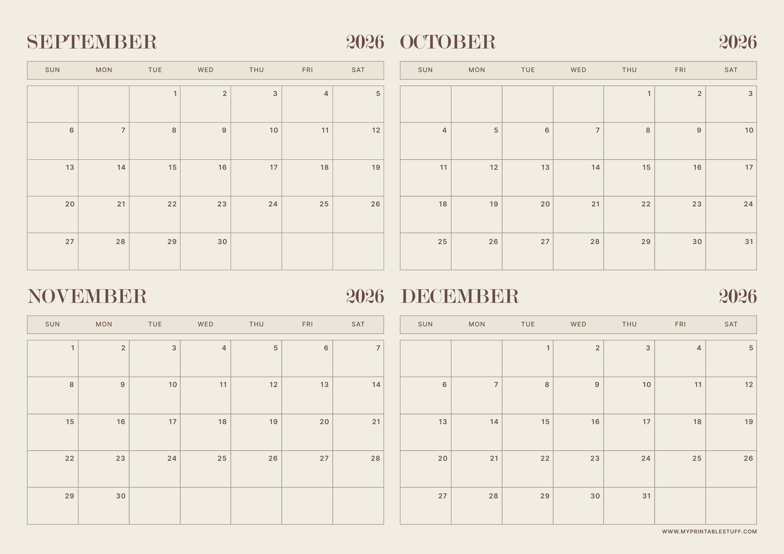 Neutral Aesthetic Design September to December 2026 Calendar Portrait