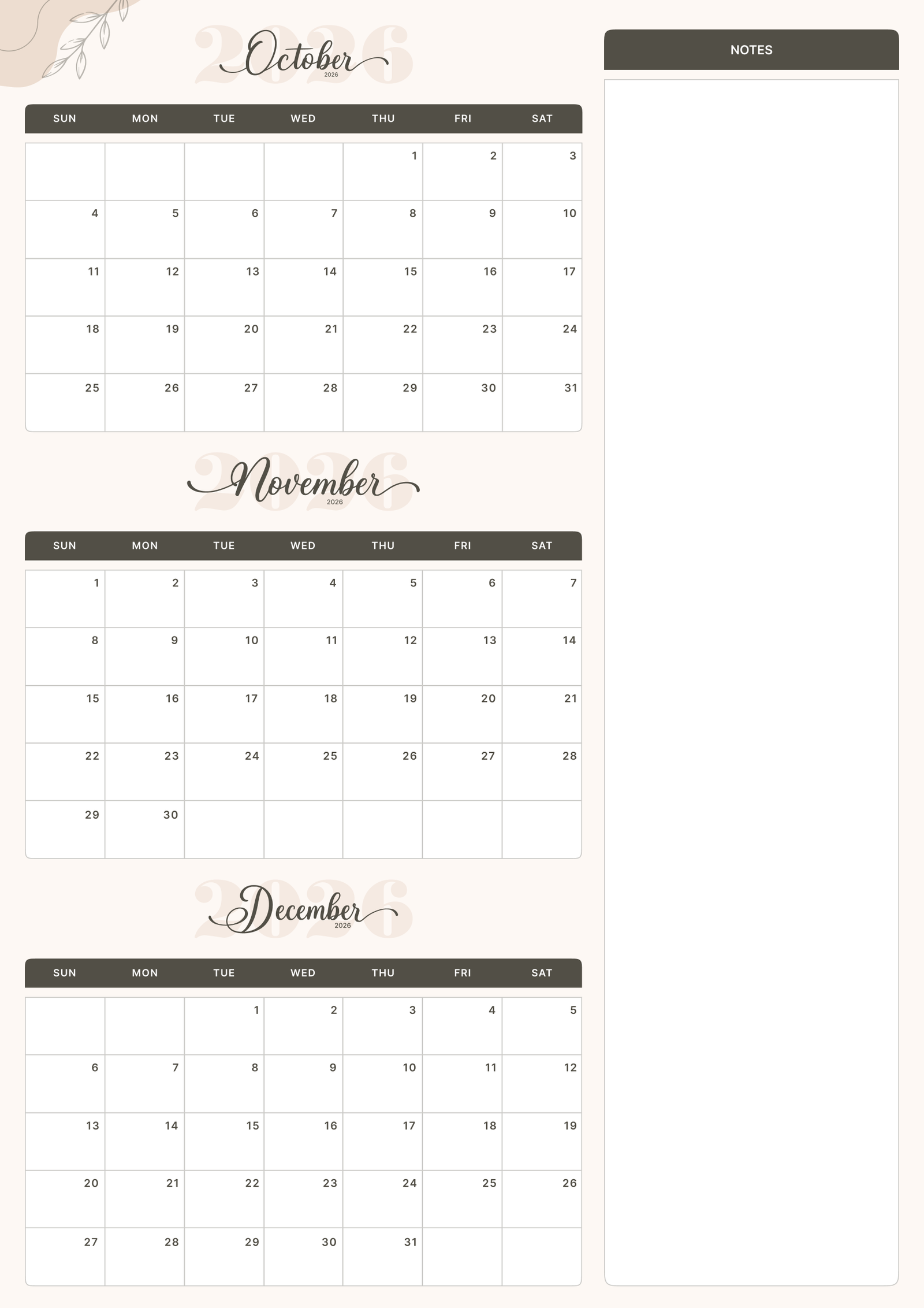 Soft Elegance Design October November December 2026 Calendar Portrait