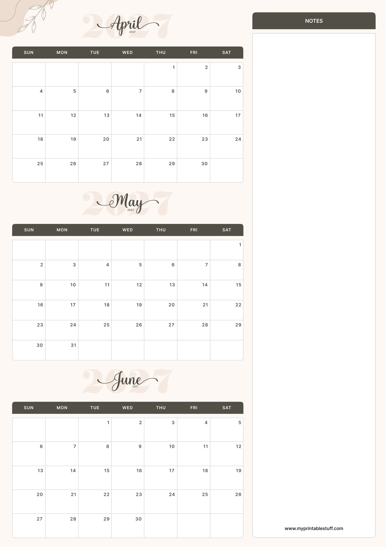 Soft Elegance Design April May June 2027 Calendar Portrait