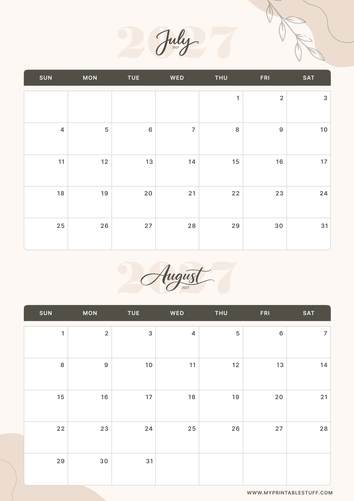 Soft Elegance Design July August 2027 Calendar Portrait