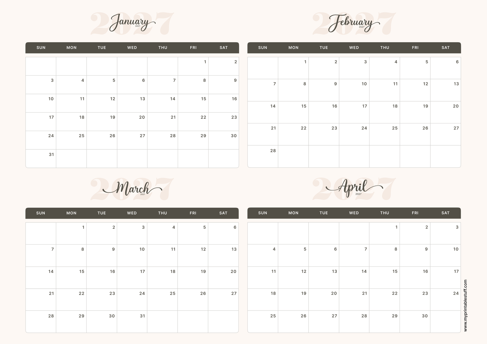 Soft Elegance Design January February March April 2027 Calendar Portrait