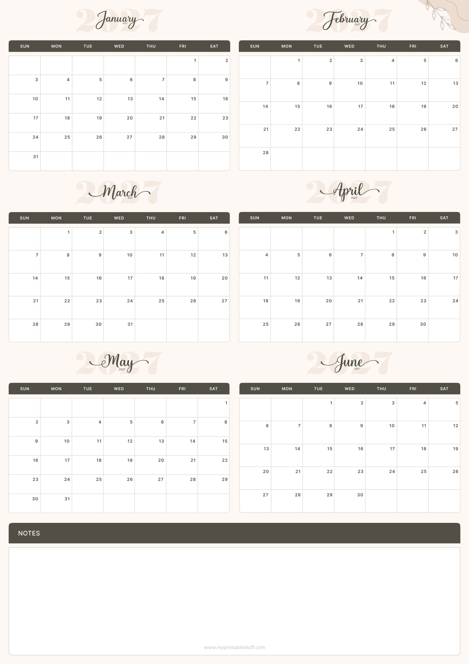 Soft Elegance Design January February March April May June 2027 Calendar Portrait