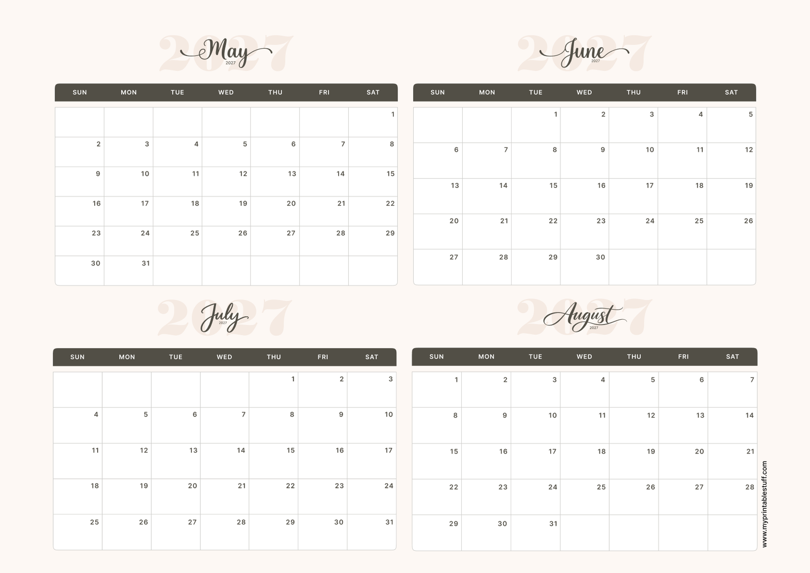 Soft Elegance Design May June July August 2027 Calendar Landscape