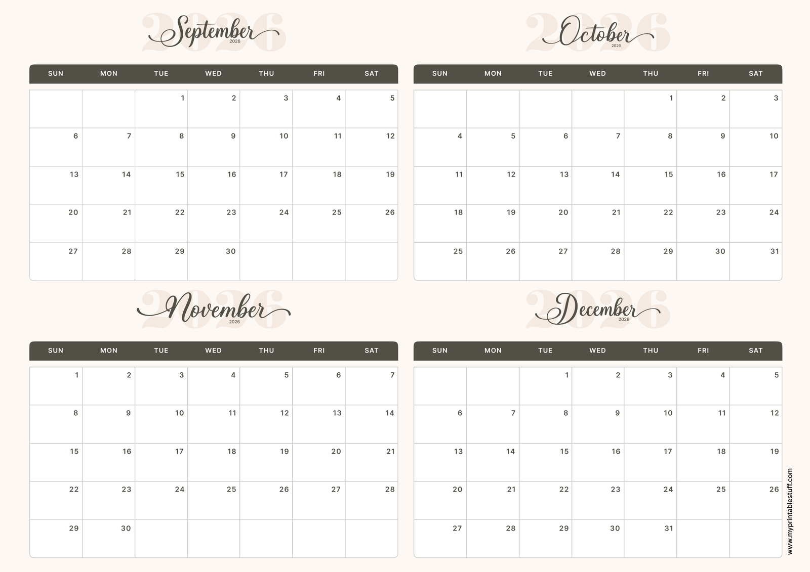 Soft Elegance Design September to December 2026 Calendar Portrait