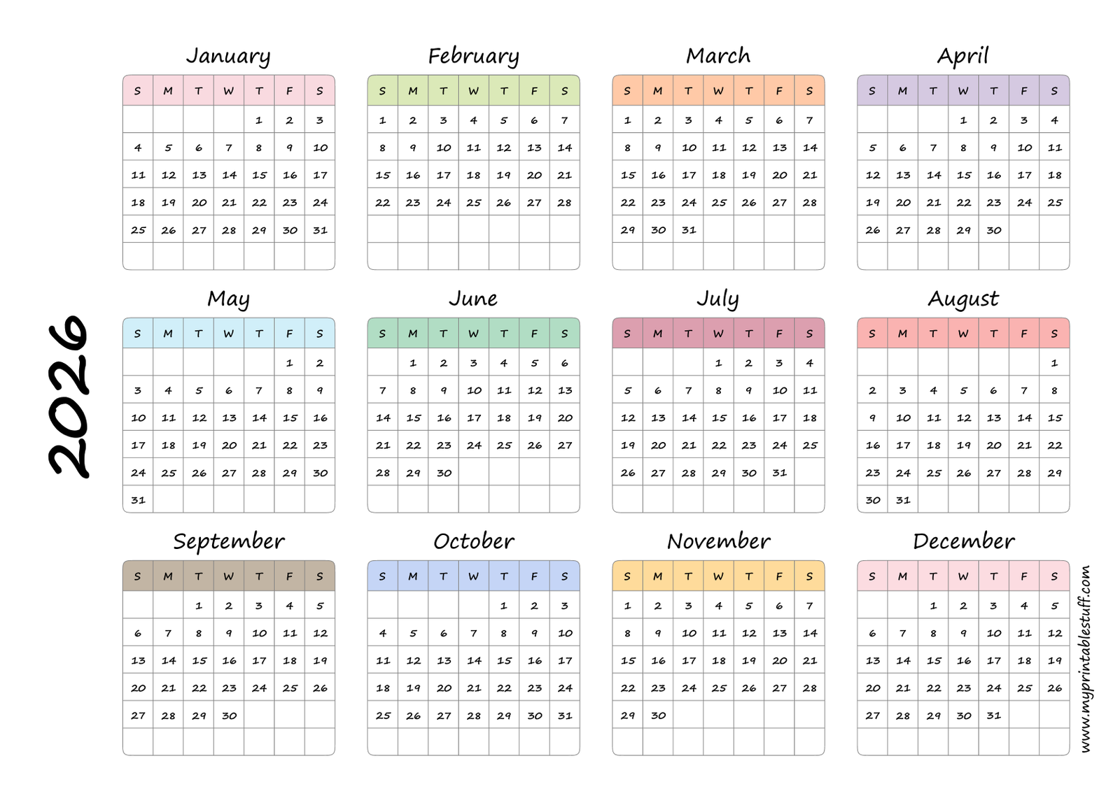 Soft Rainbow Grid 2026 Calendar Landscape
