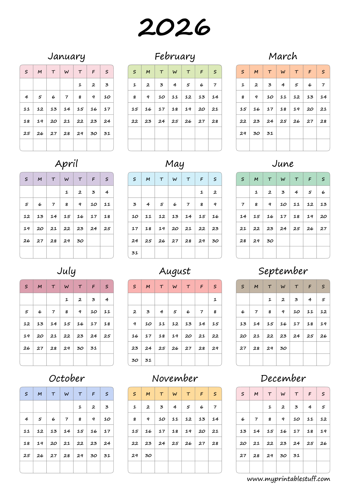 Soft Rainbow Grid 2026 Calendar Portrait