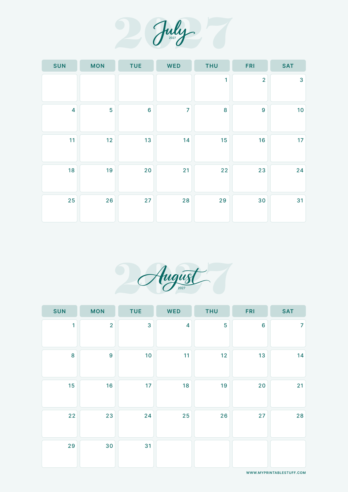 Teal Elegance Design July August 2027 Calendar Portrait