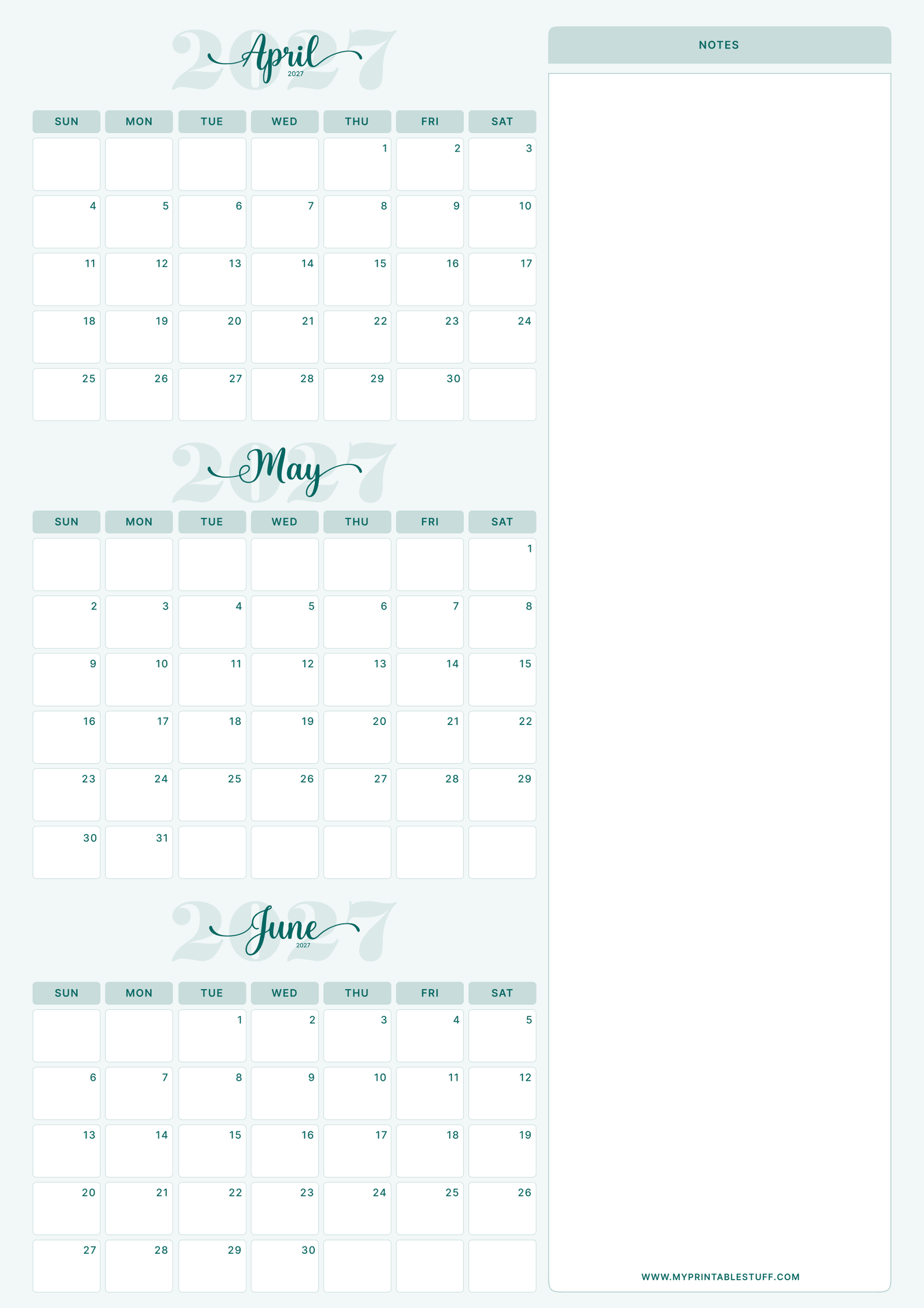 Teal Elegance Design April May June 2027 Calendar Portrait