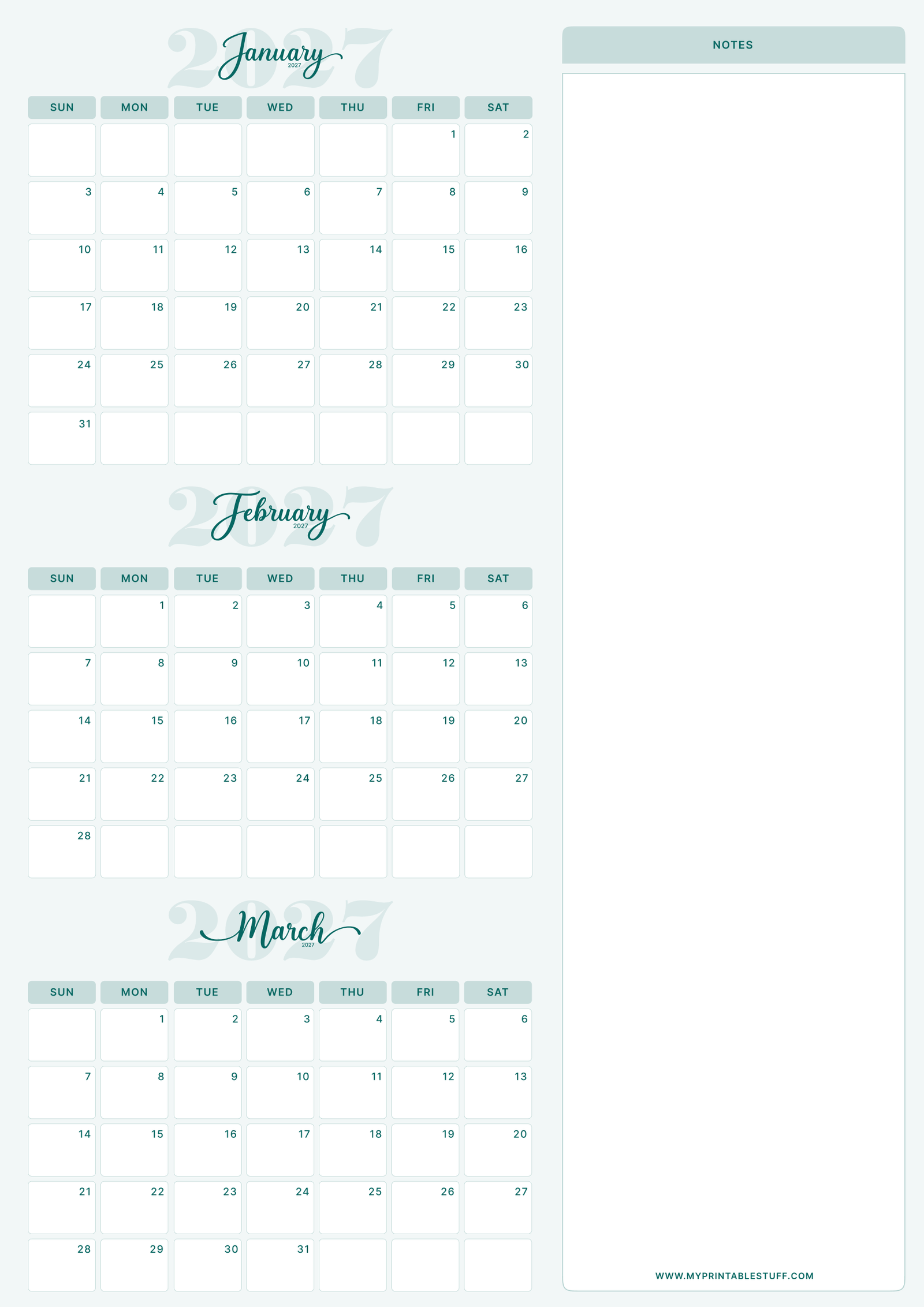 Teal Elegance Design January February March 2027 Calendar Portrait